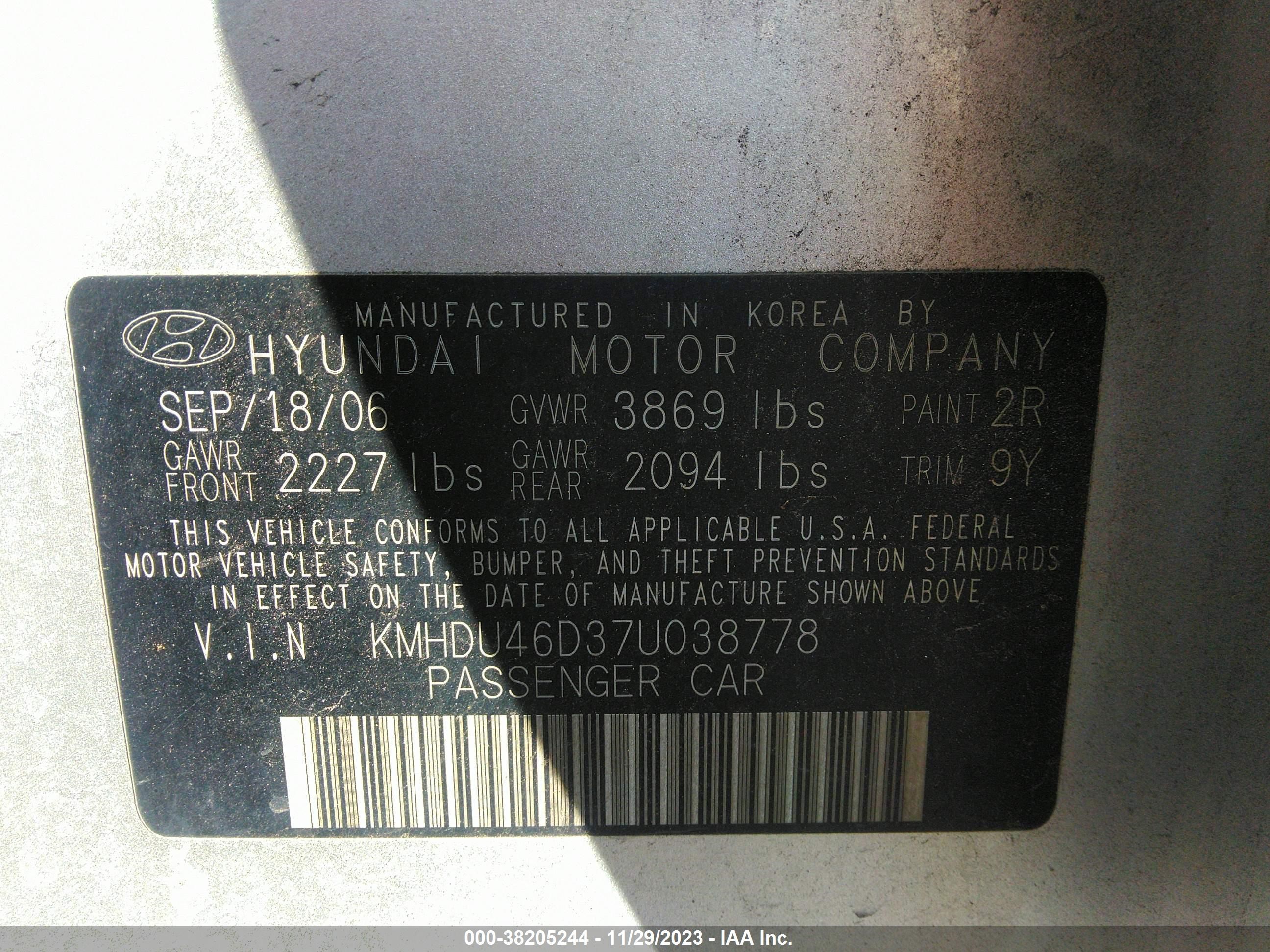 Photo 8 VIN: KMHDU46D37U038778 - HYUNDAI ELANTRA 