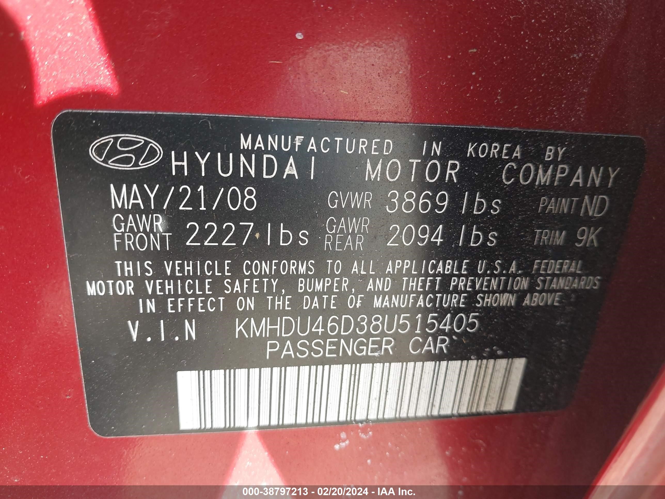 Photo 8 VIN: KMHDU46D38U515405 - HYUNDAI ELANTRA 