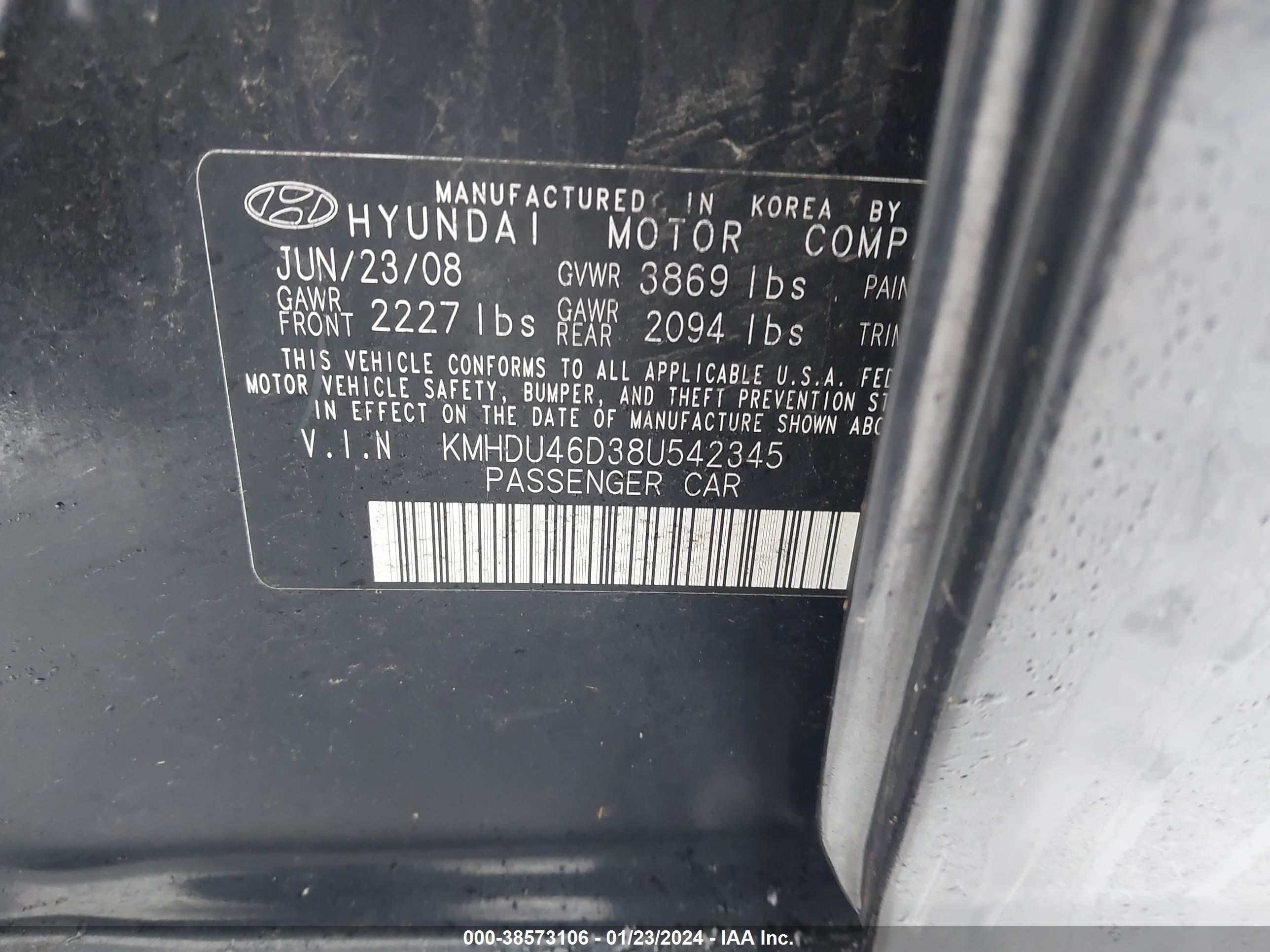 Photo 8 VIN: KMHDU46D38U542345 - HYUNDAI ELANTRA 