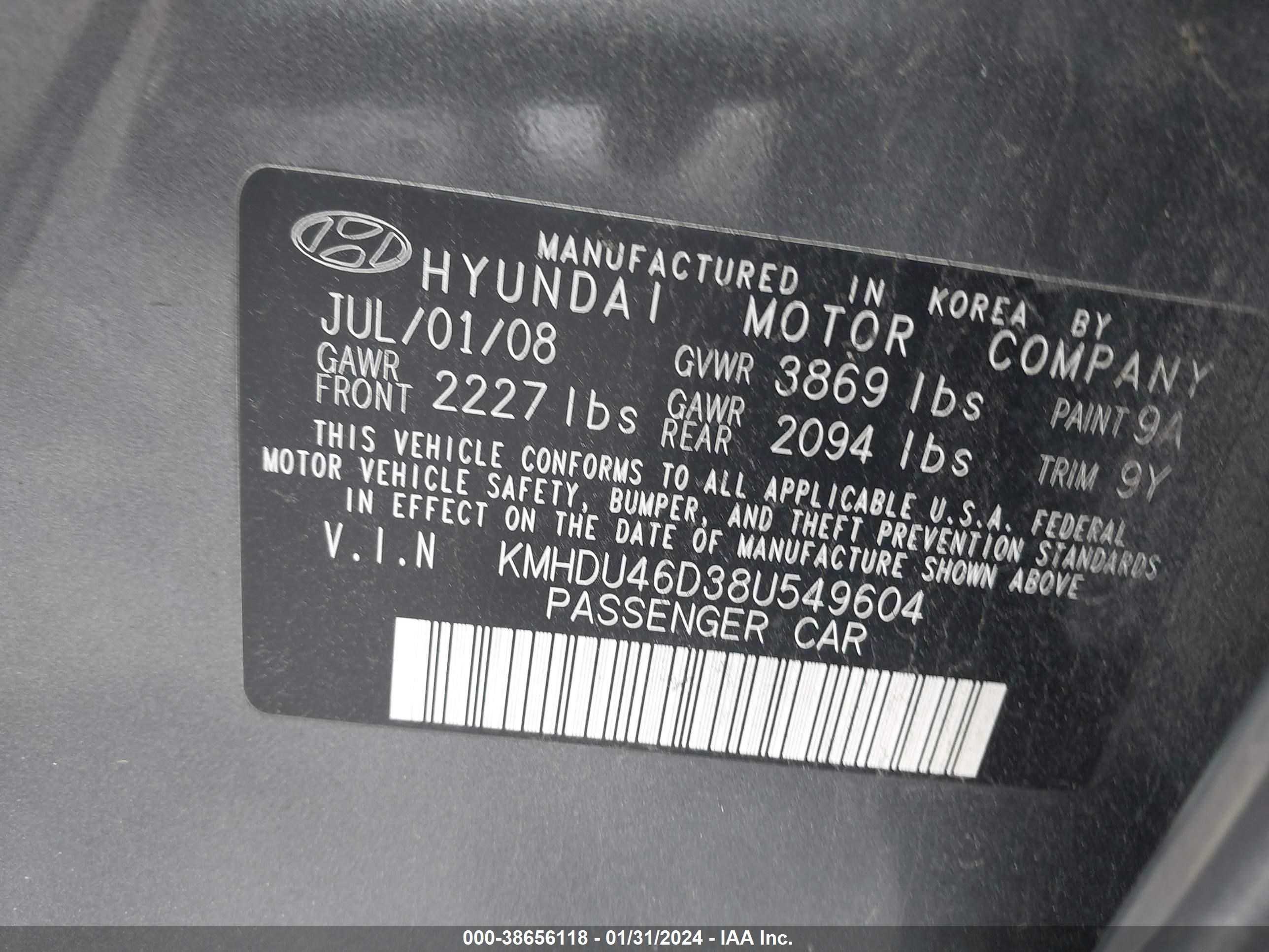 Photo 8 VIN: KMHDU46D38U549604 - HYUNDAI ELANTRA 