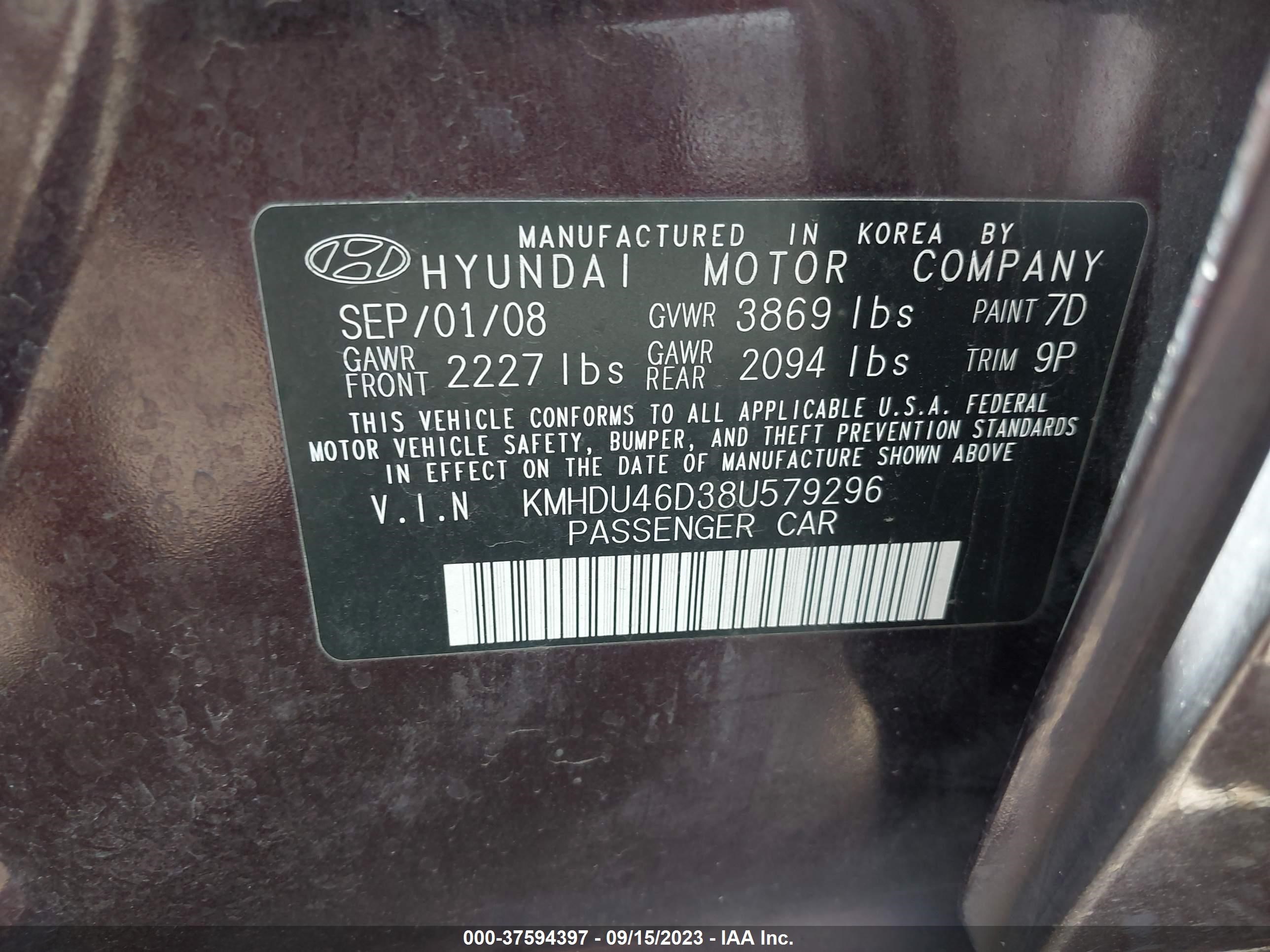 Photo 8 VIN: KMHDU46D38U579296 - HYUNDAI ELANTRA 