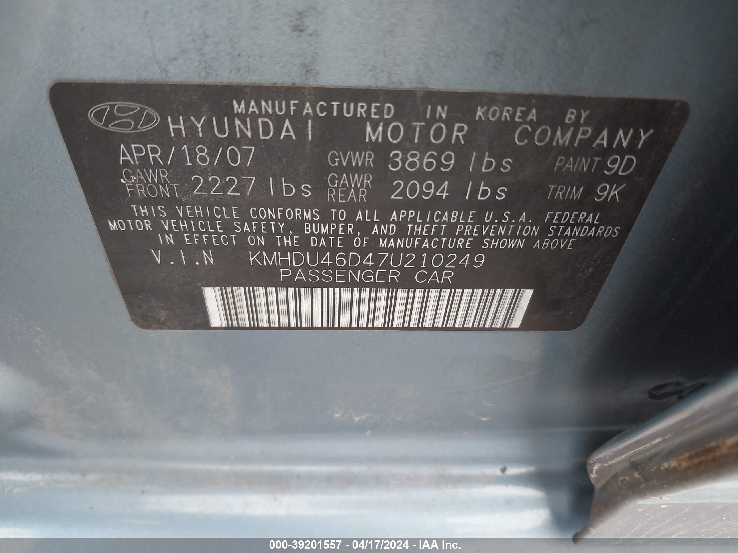 Photo 8 VIN: KMHDU46D47U210249 - HYUNDAI ELANTRA 