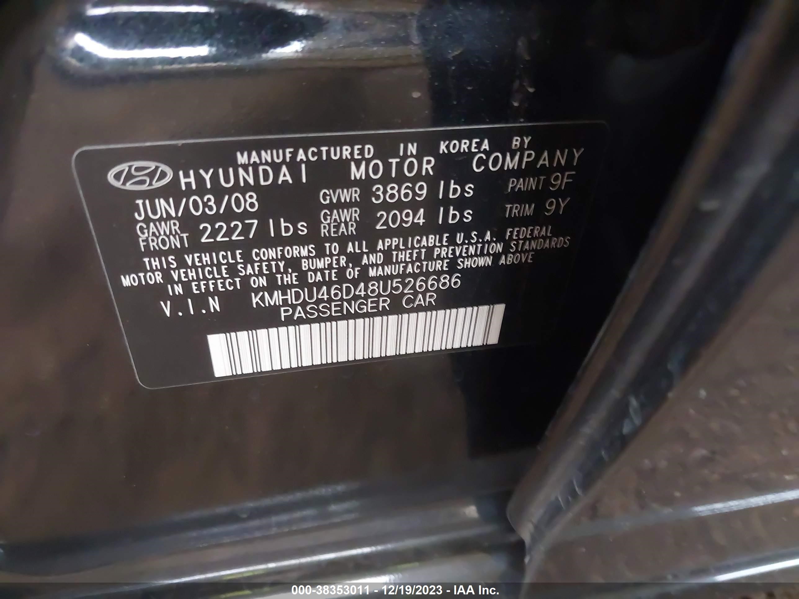 Photo 8 VIN: KMHDU46D48U526686 - HYUNDAI ELANTRA 