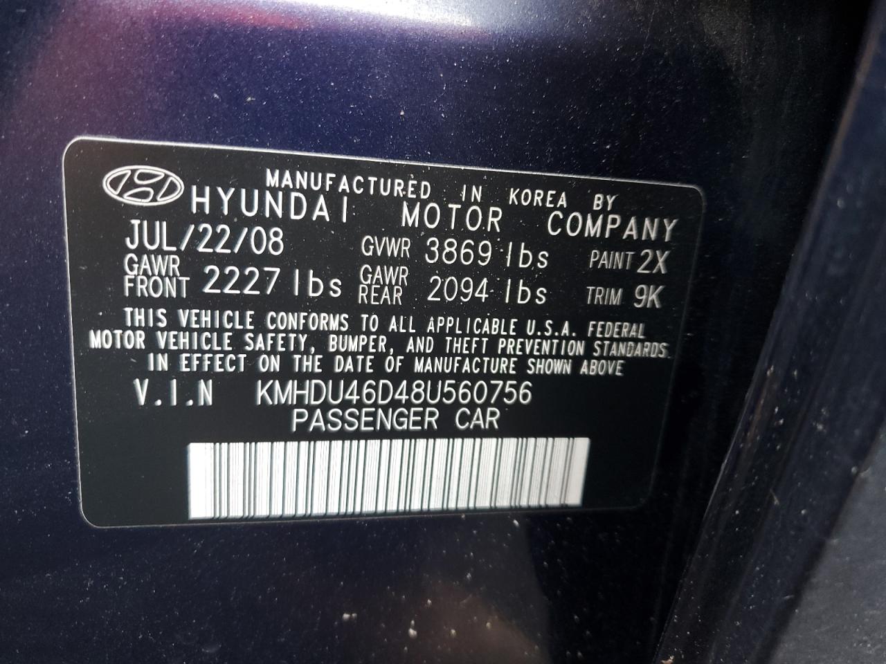 Photo 11 VIN: KMHDU46D48U560756 - HYUNDAI ELANTRA 