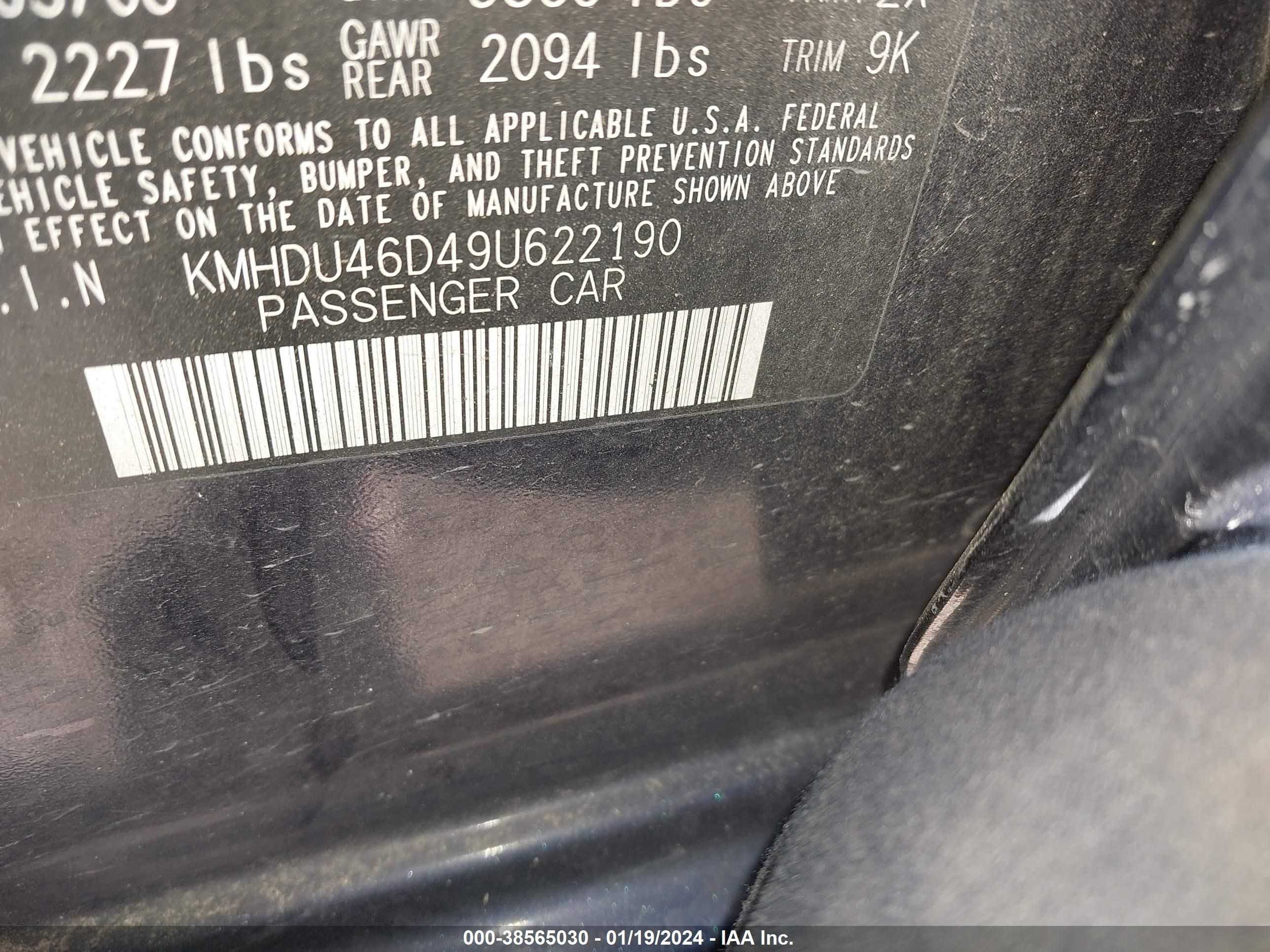 Photo 8 VIN: KMHDU46D49U622190 - HYUNDAI ELANTRA 