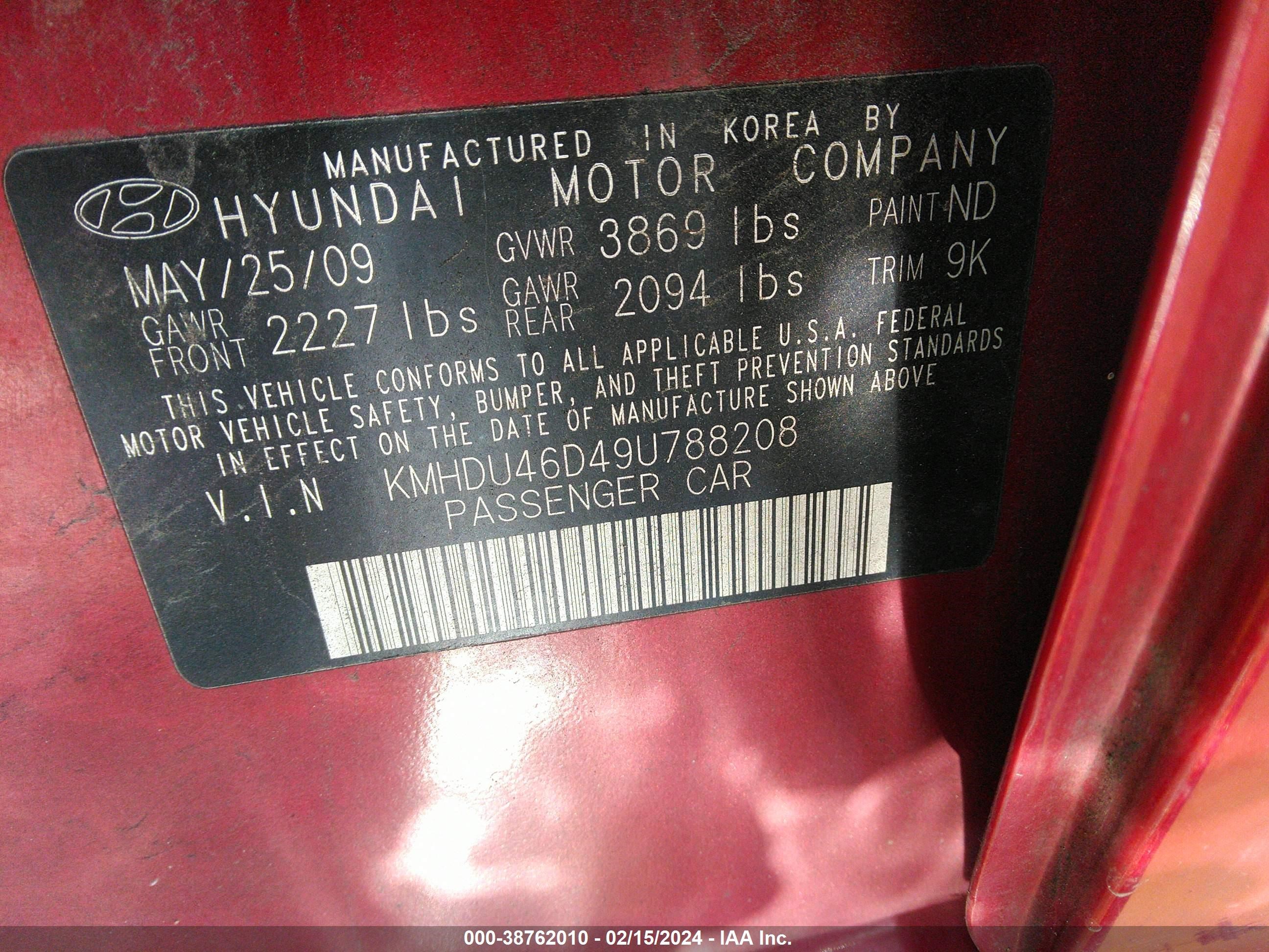 Photo 8 VIN: KMHDU46D49U788208 - HYUNDAI ELANTRA 