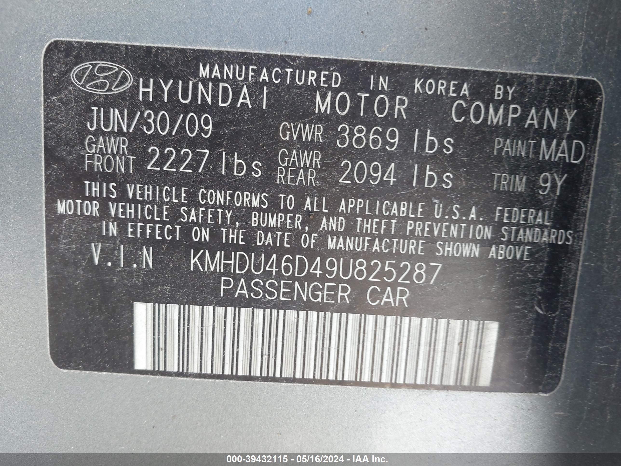 Photo 8 VIN: KMHDU46D49U825287 - HYUNDAI ELANTRA 