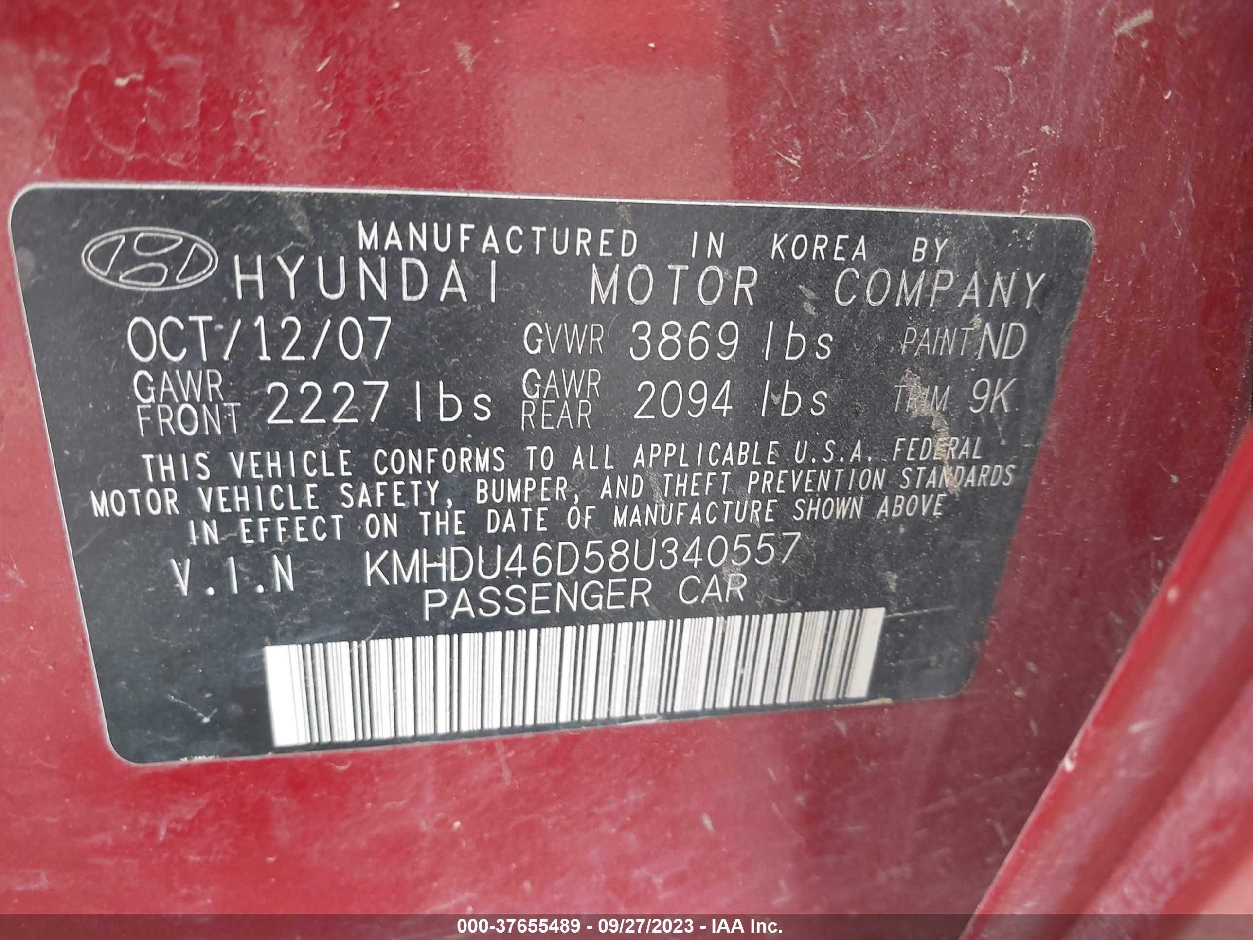 Photo 8 VIN: KMHDU46D58U340557 - HYUNDAI ELANTRA 