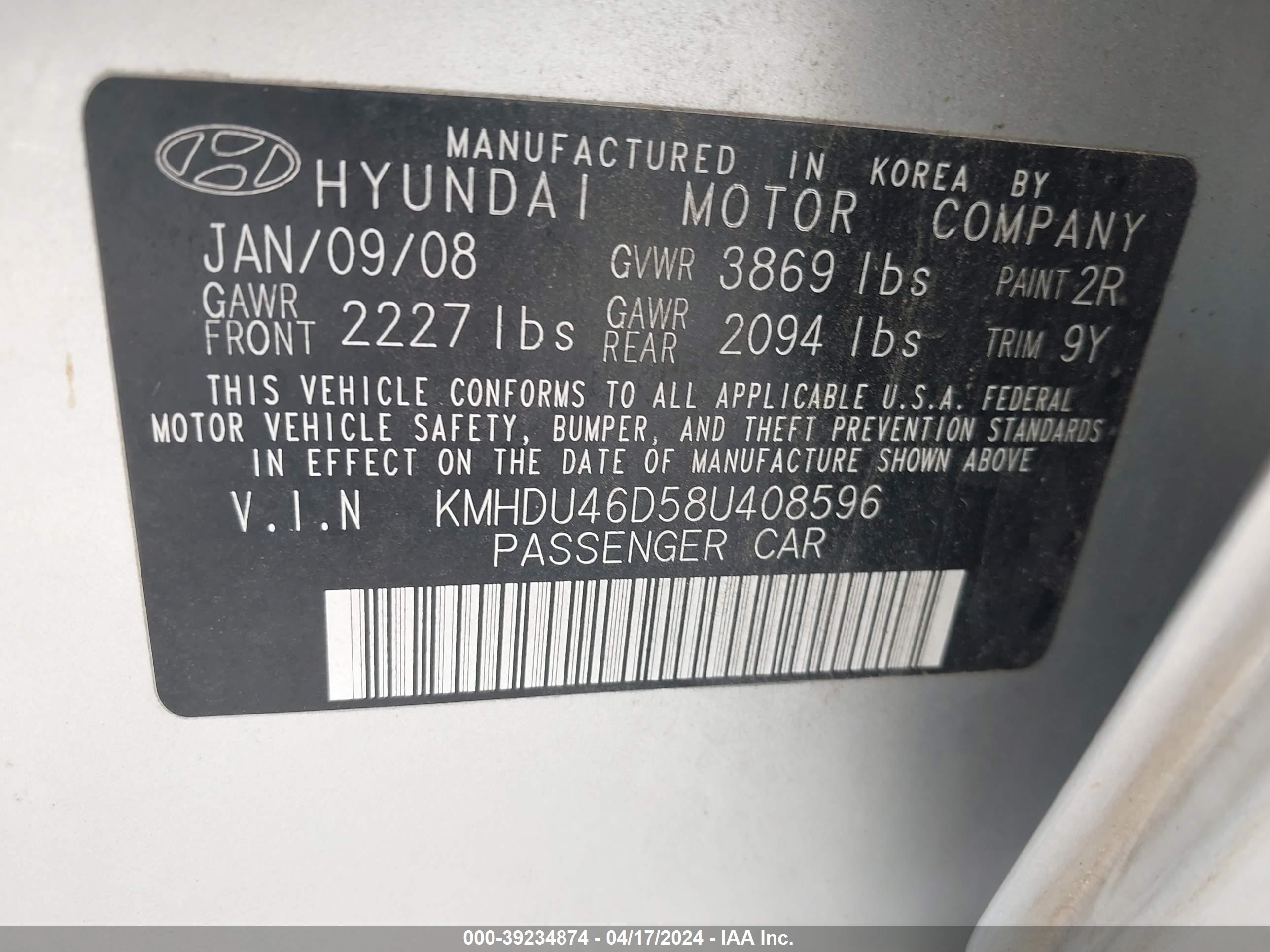 Photo 8 VIN: KMHDU46D58U408596 - HYUNDAI ELANTRA 