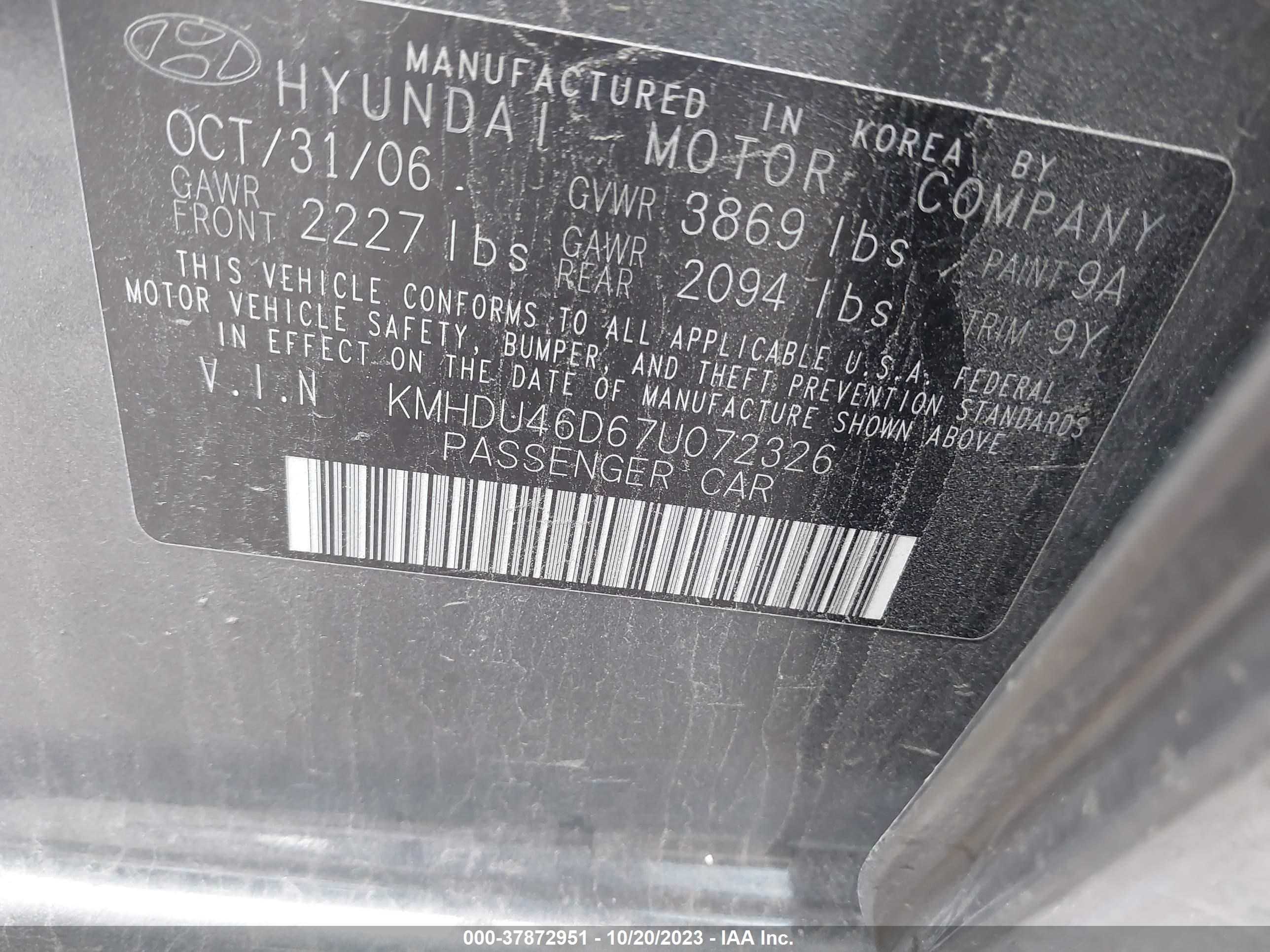 Photo 8 VIN: KMHDU46D67U072326 - HYUNDAI ELANTRA 