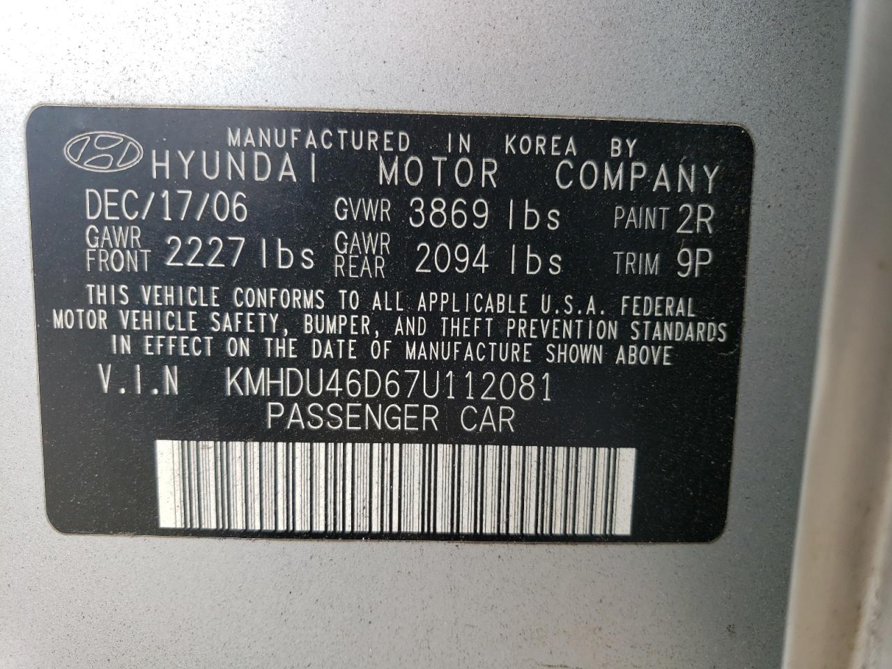 Photo 12 VIN: KMHDU46D67U112081 - HYUNDAI ELANTRA 