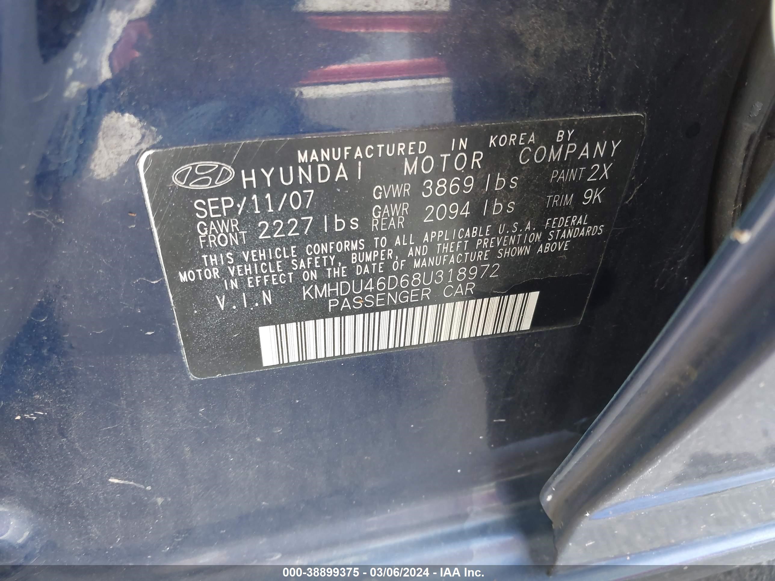 Photo 8 VIN: KMHDU46D68U318972 - HYUNDAI ELANTRA 