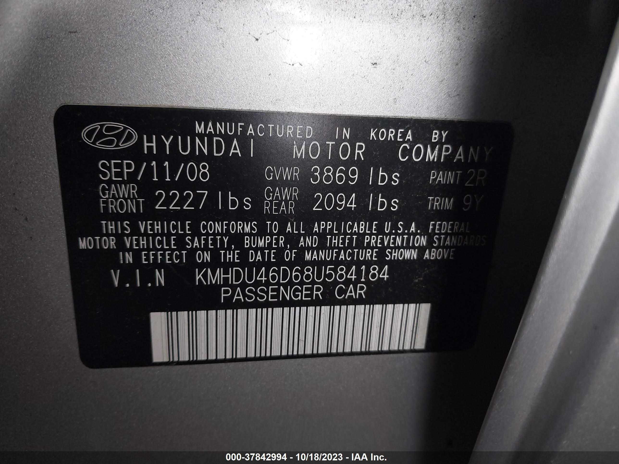 Photo 8 VIN: KMHDU46D68U584184 - HYUNDAI ELANTRA 