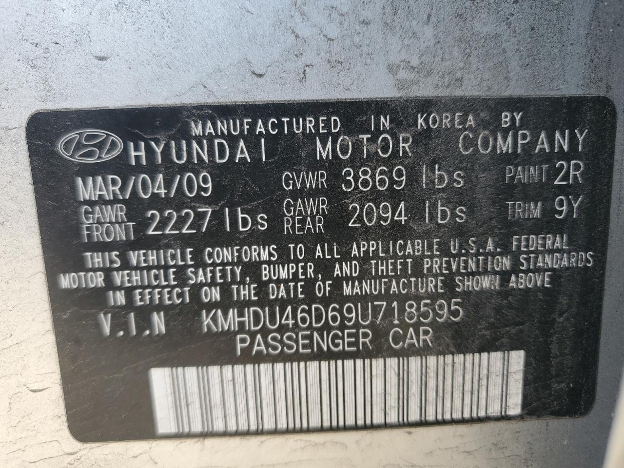 Photo 12 VIN: KMHDU46D69U718595 - HYUNDAI ELANTRA 