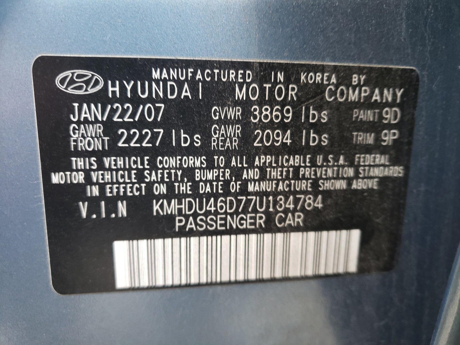 Photo 9 VIN: KMHDU46D77U134784 - HYUNDAI ELANTRA GL 