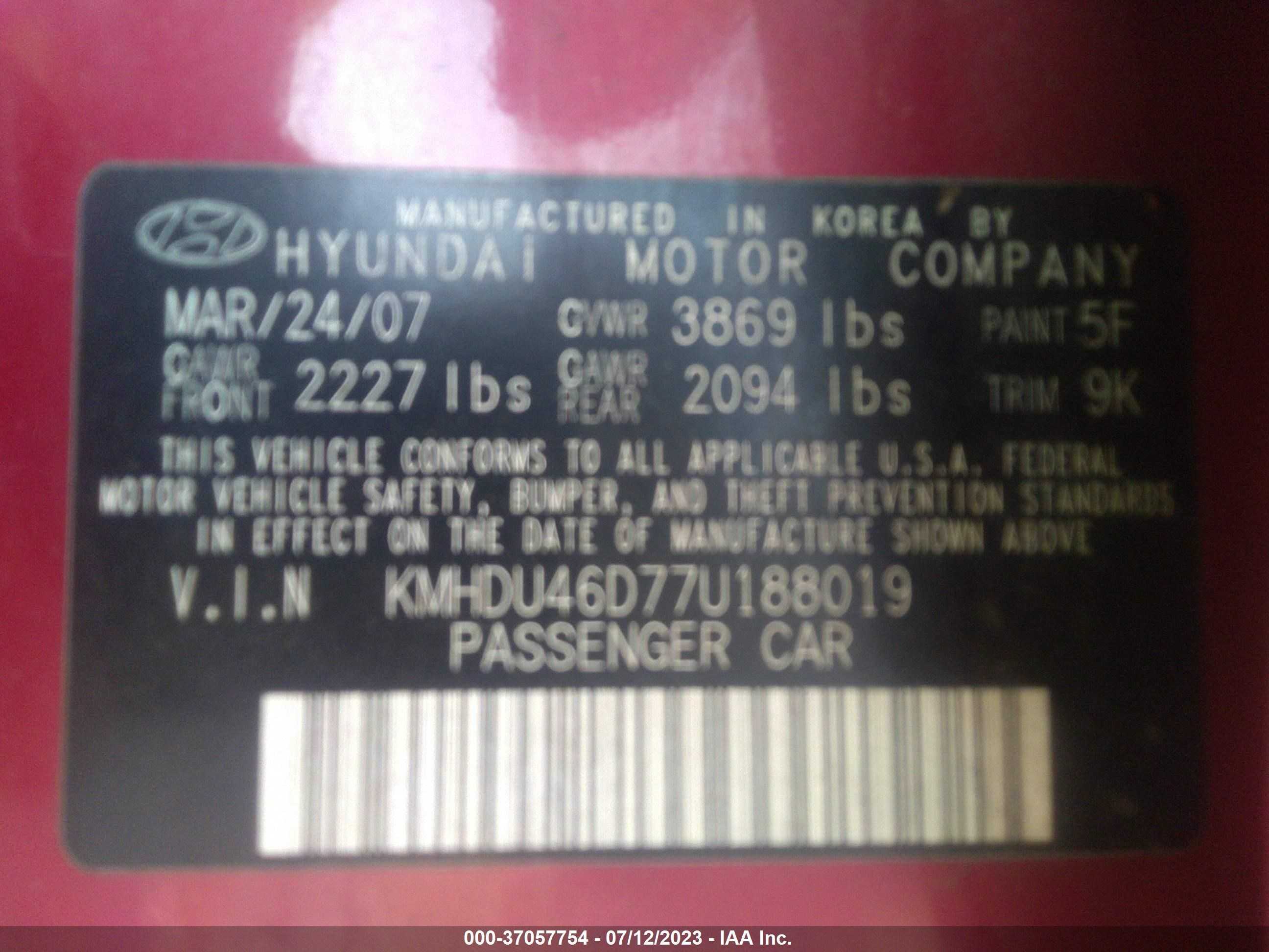 Photo 8 VIN: KMHDU46D77U188019 - HYUNDAI ELANTRA 