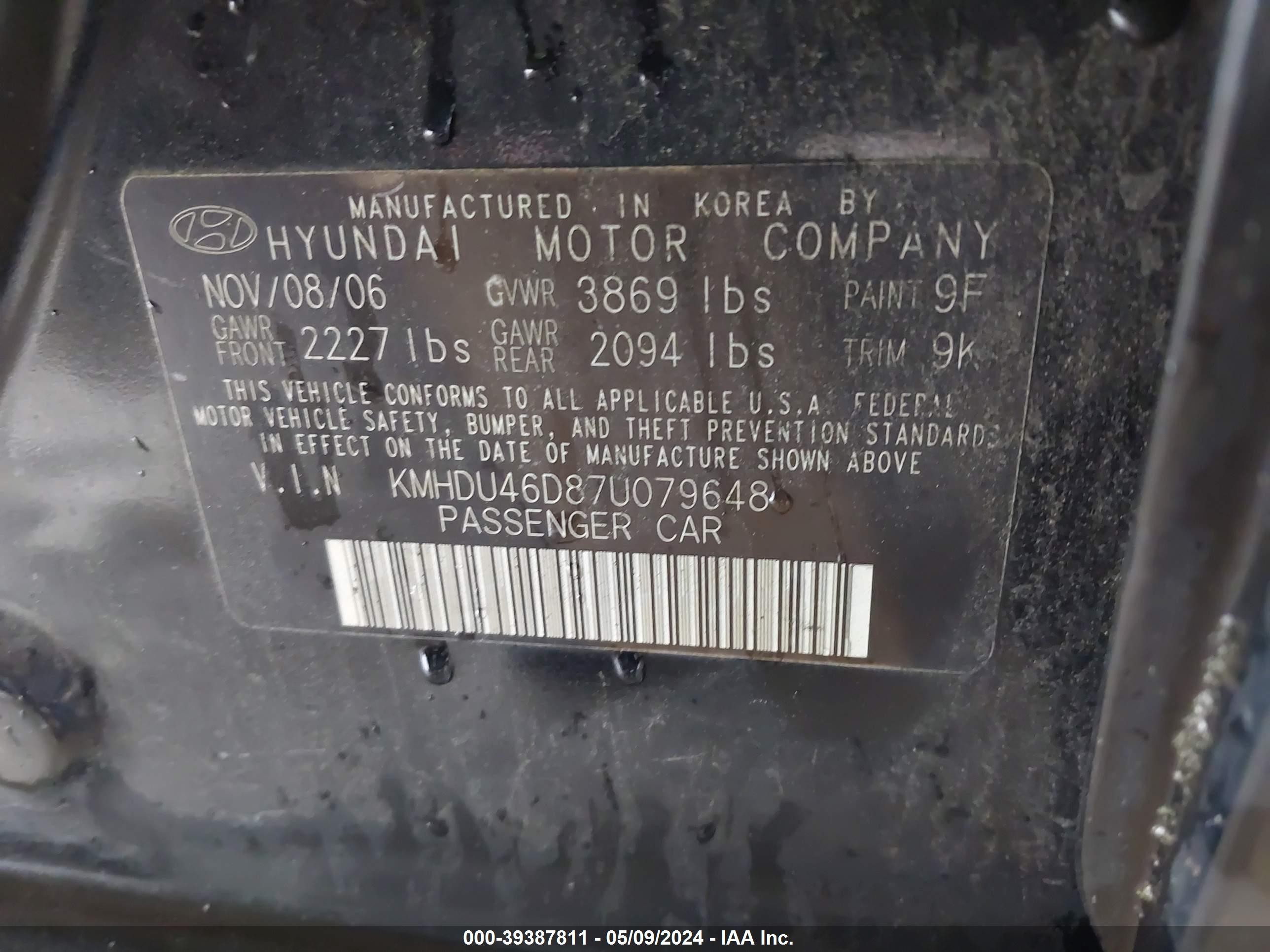 Photo 8 VIN: KMHDU46D87U079648 - HYUNDAI ELANTRA 