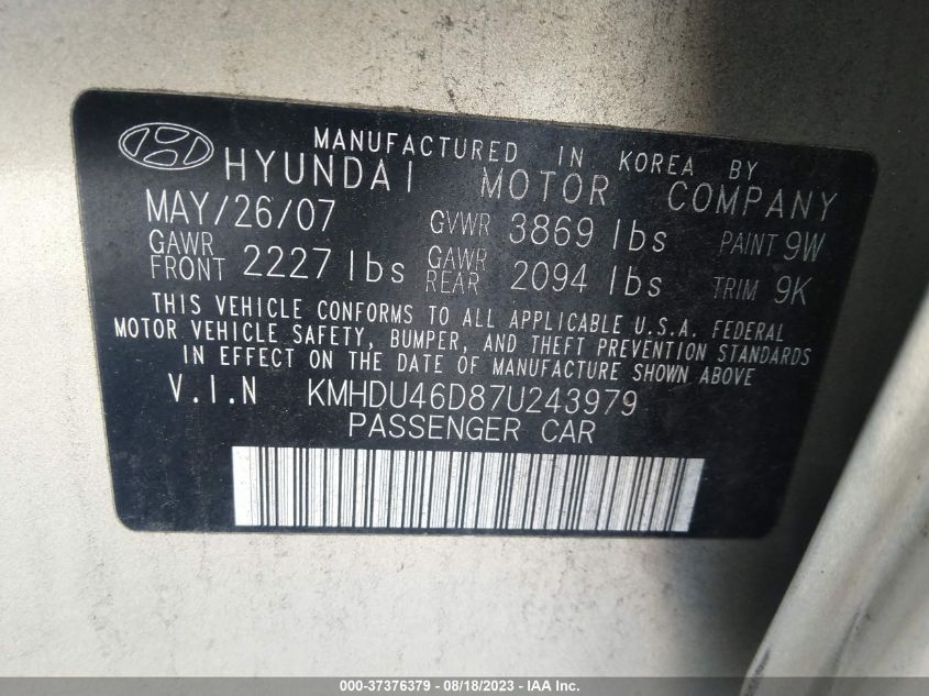 Photo 8 VIN: KMHDU46D87U243979 - HYUNDAI ELANTRA 