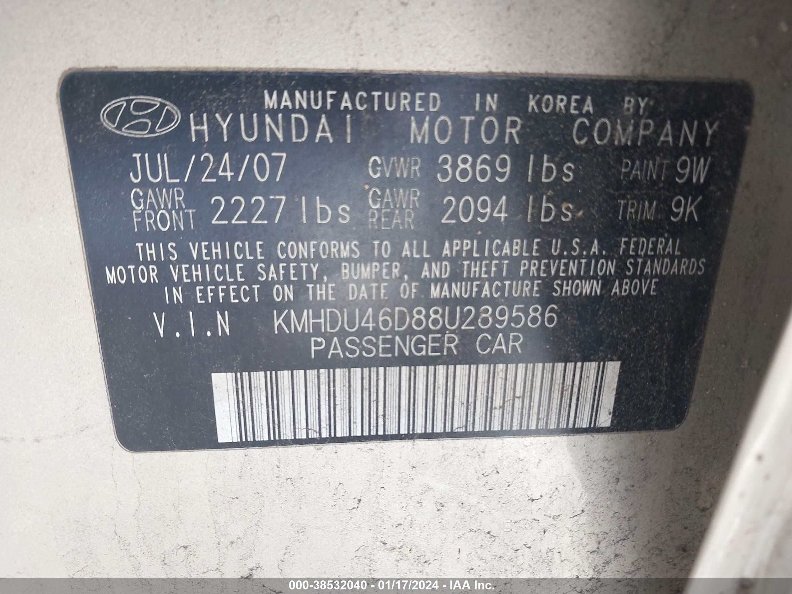 Photo 8 VIN: KMHDU46D88U289586 - HYUNDAI ELANTRA 