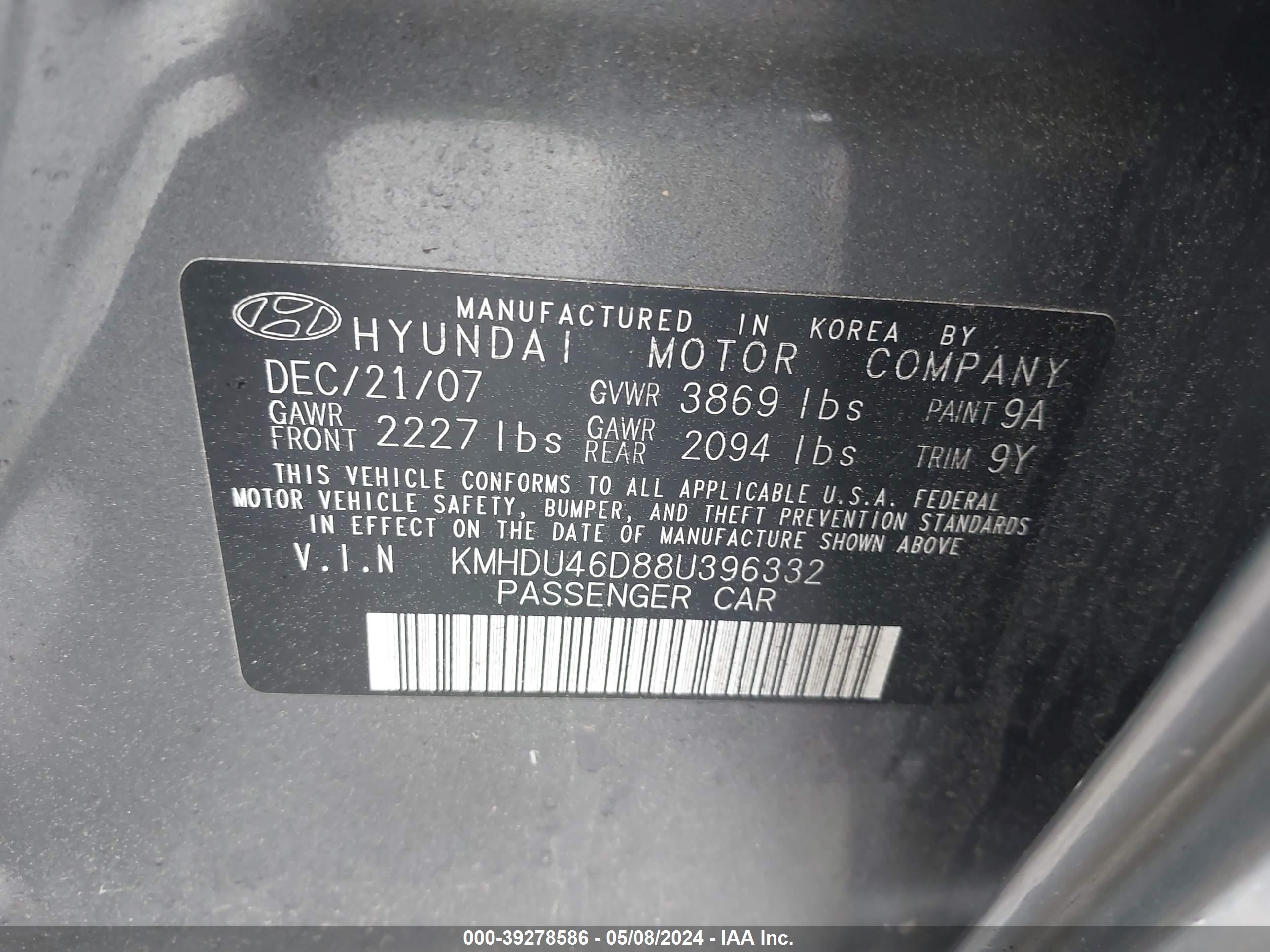 Photo 8 VIN: KMHDU46D88U396332 - HYUNDAI ELANTRA 