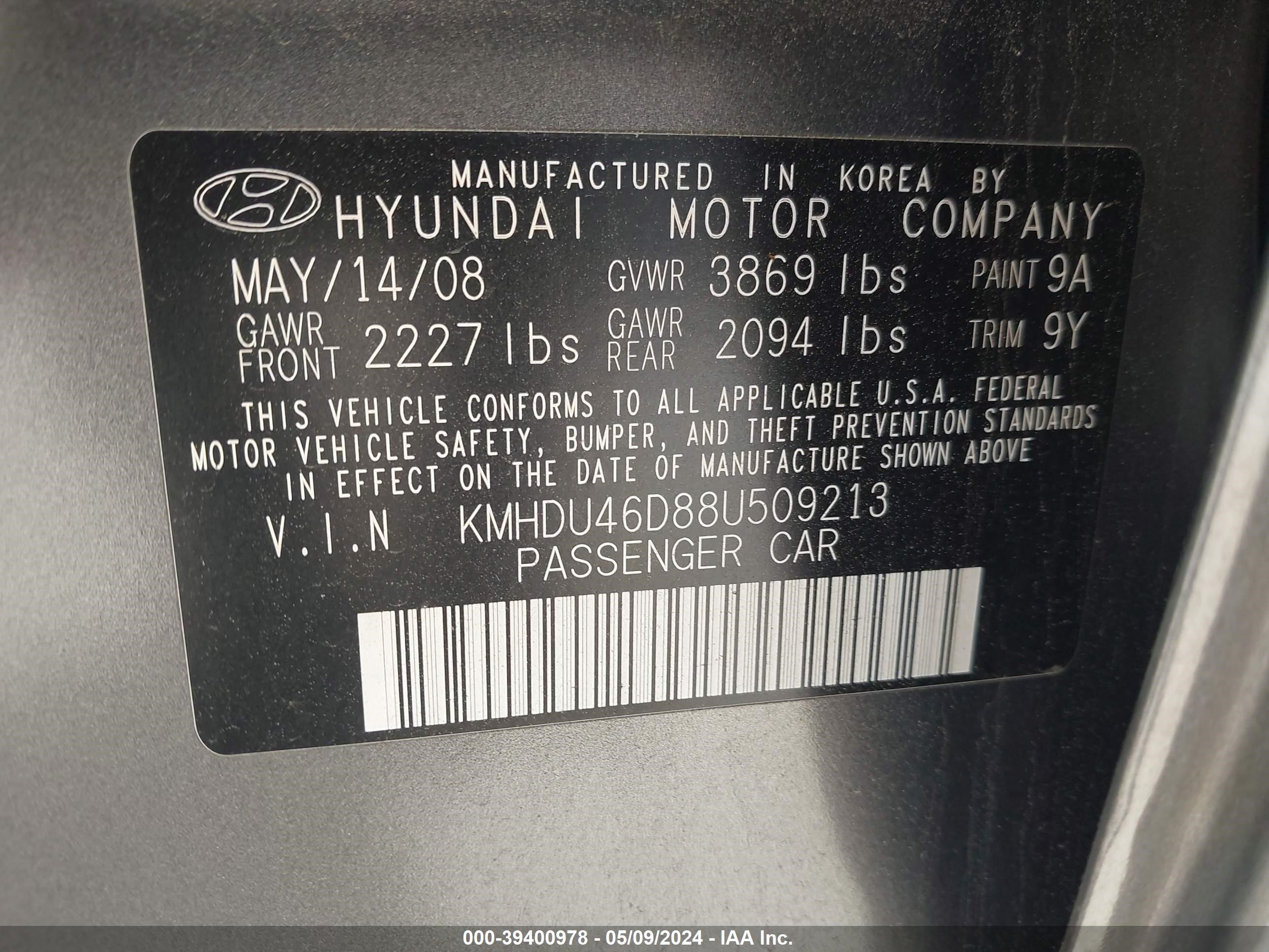 Photo 8 VIN: KMHDU46D88U509213 - HYUNDAI ELANTRA 