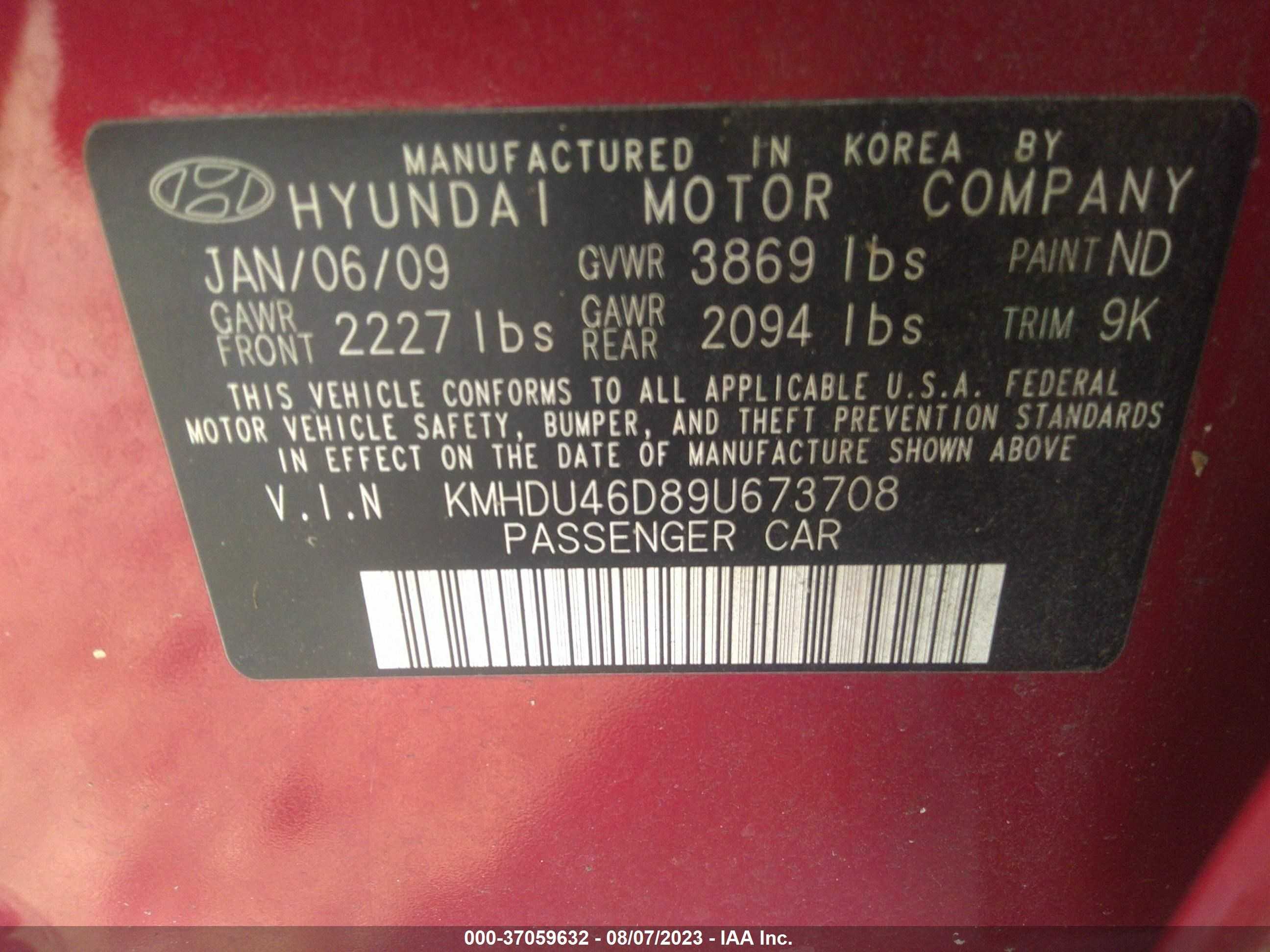 Photo 8 VIN: KMHDU46D89U673708 - HYUNDAI ELANTRA 