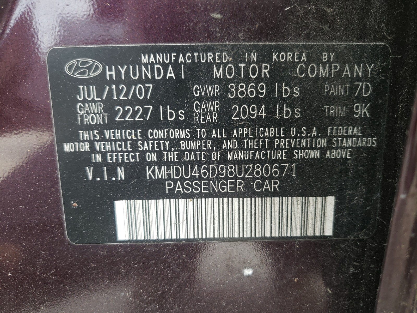 Photo 9 VIN: KMHDU46D98U280671 - HYUNDAI ELANTRA GL 