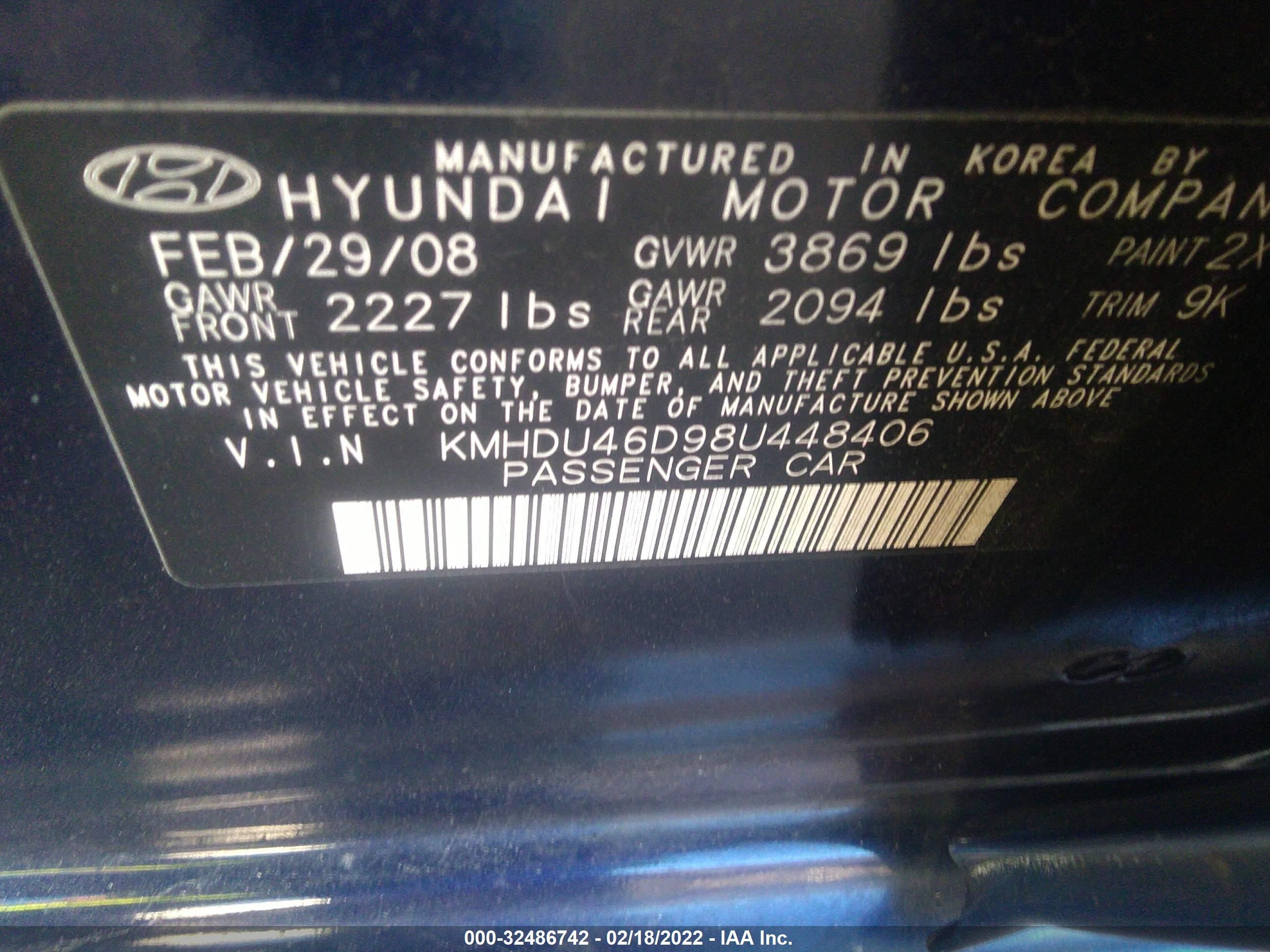 Photo 8 VIN: KMHDU46D98U448406 - HYUNDAI ELANTRA 