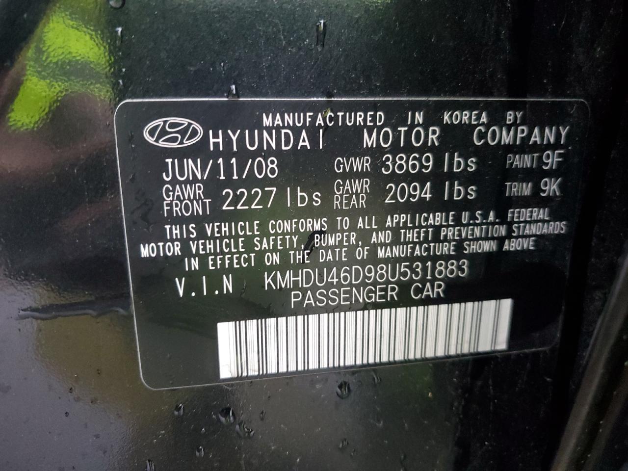 Photo 12 VIN: KMHDU46D98U531883 - HYUNDAI ELANTRA 