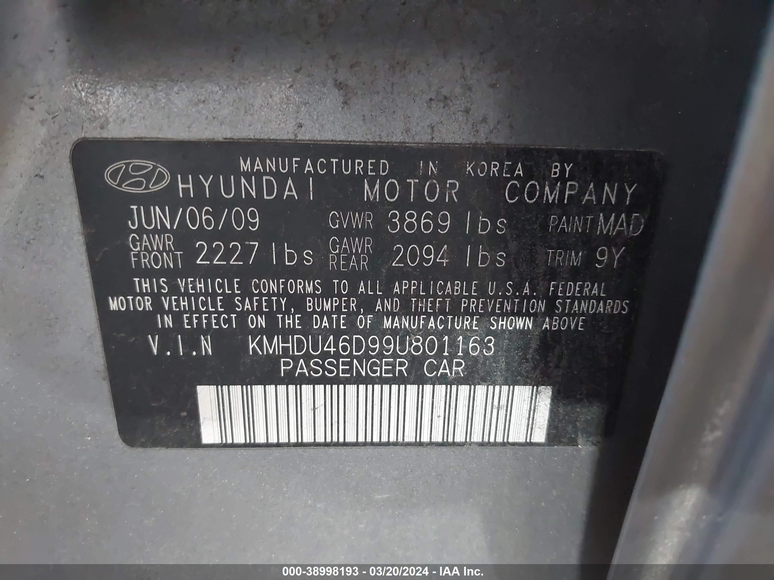 Photo 8 VIN: KMHDU46D99U801163 - HYUNDAI ELANTRA 