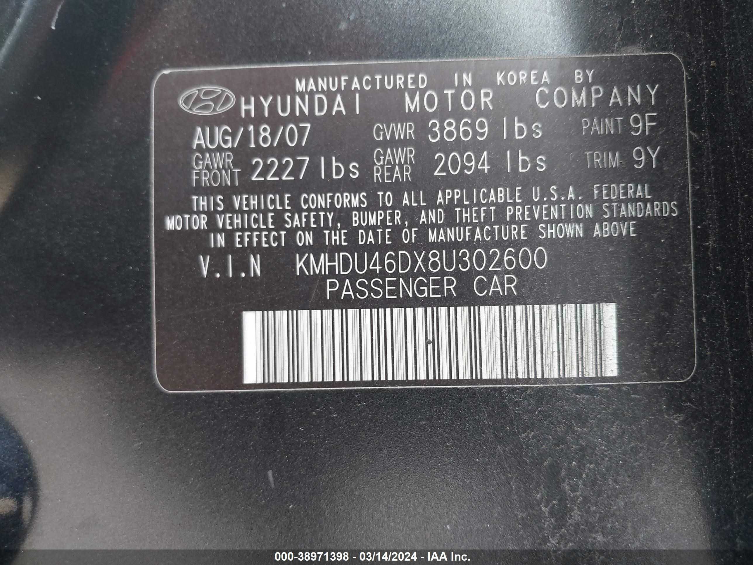 Photo 8 VIN: KMHDU46DX8U302600 - HYUNDAI ELANTRA 