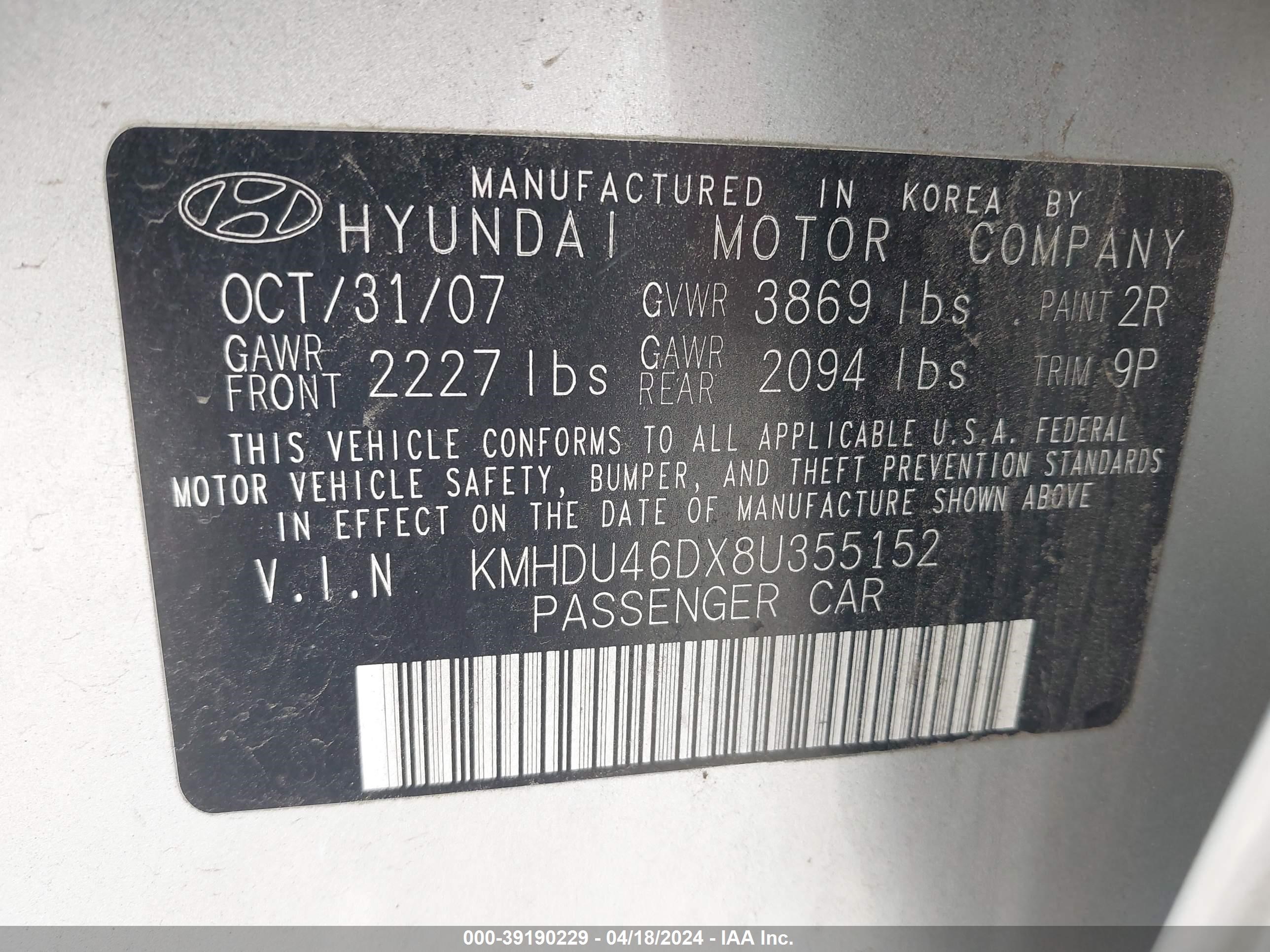 Photo 8 VIN: KMHDU46DX8U355152 - HYUNDAI ELANTRA 