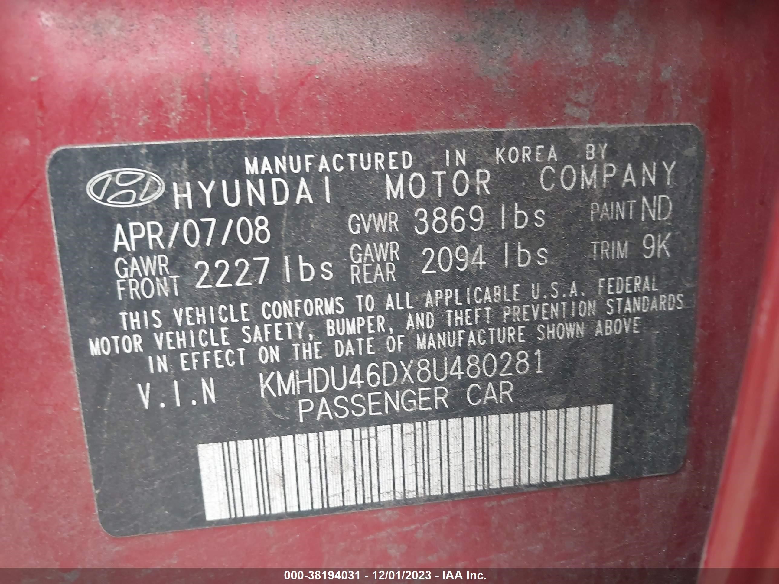 Photo 8 VIN: KMHDU46DX8U480281 - HYUNDAI ELANTRA 