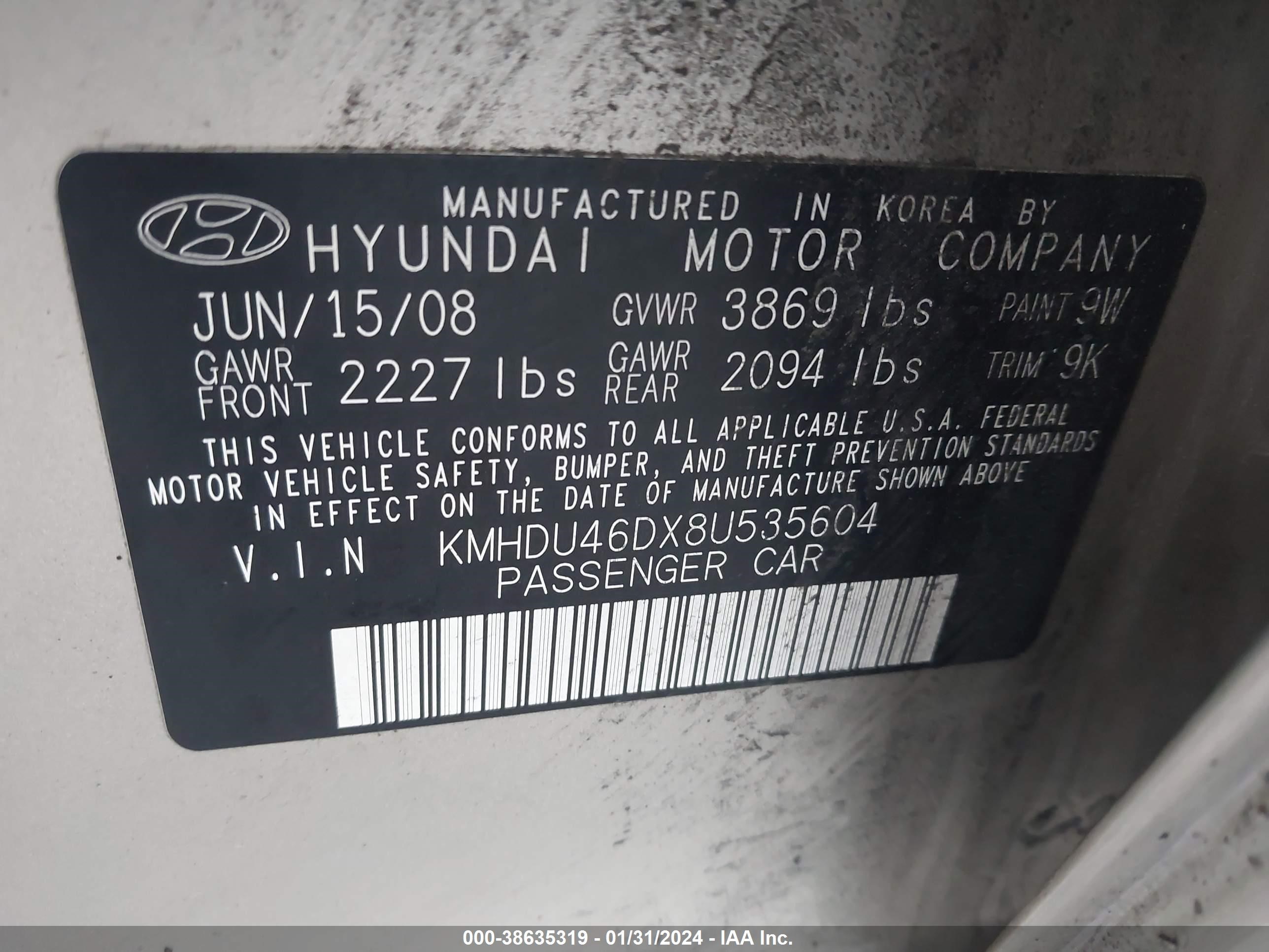 Photo 8 VIN: KMHDU46DX8U535604 - HYUNDAI ELANTRA 