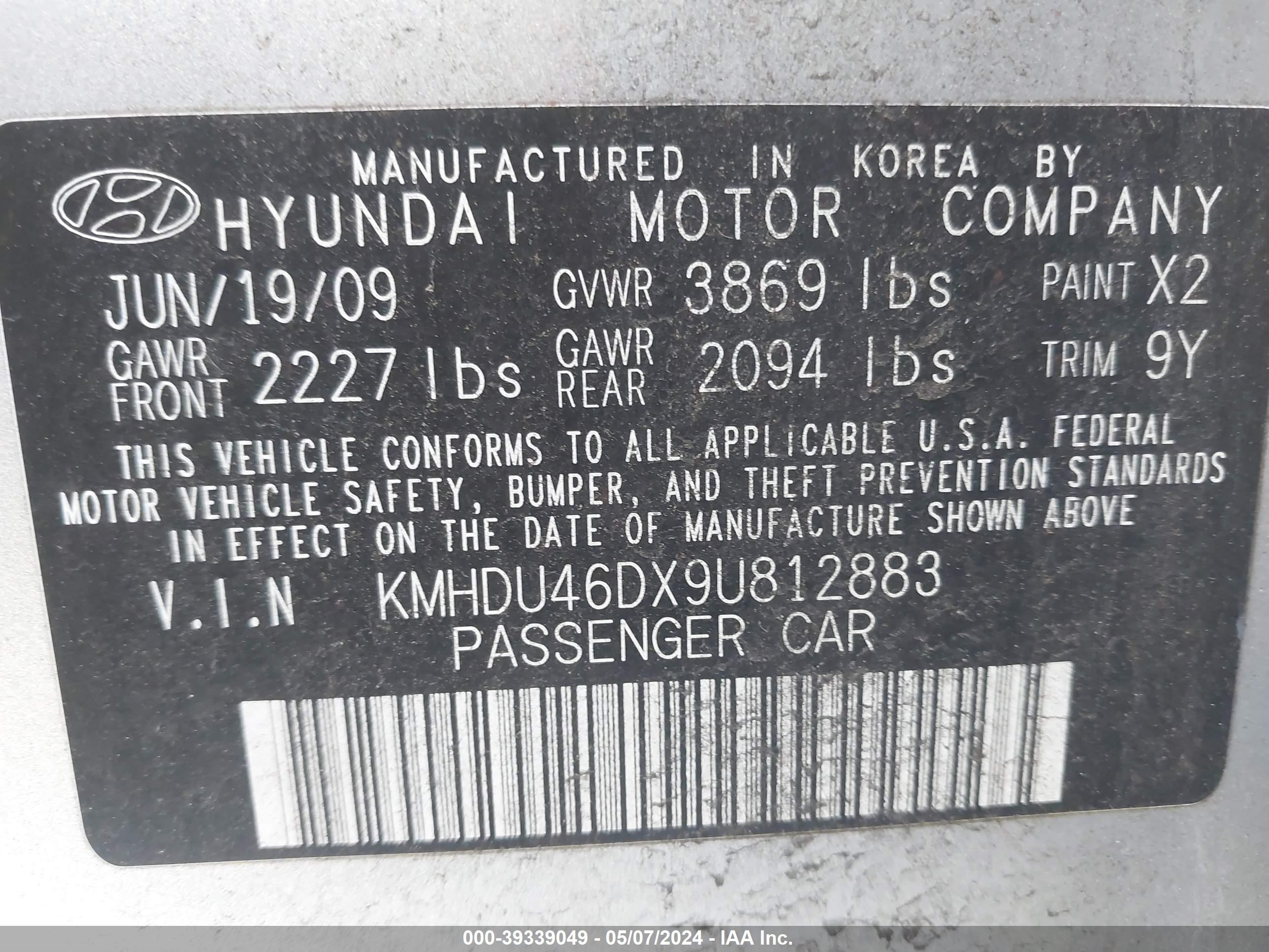 Photo 8 VIN: KMHDU46DX9U812883 - HYUNDAI ELANTRA 