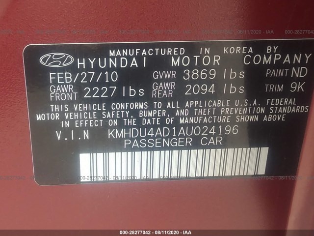 Photo 8 VIN: KMHDU4AD1AU024196 - HYUNDAI ELANTRA 