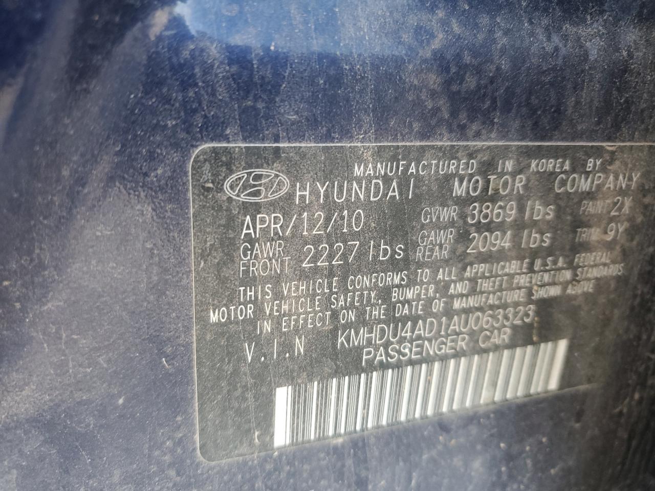 Photo 12 VIN: KMHDU4AD1AU063323 - HYUNDAI ELANTRA 