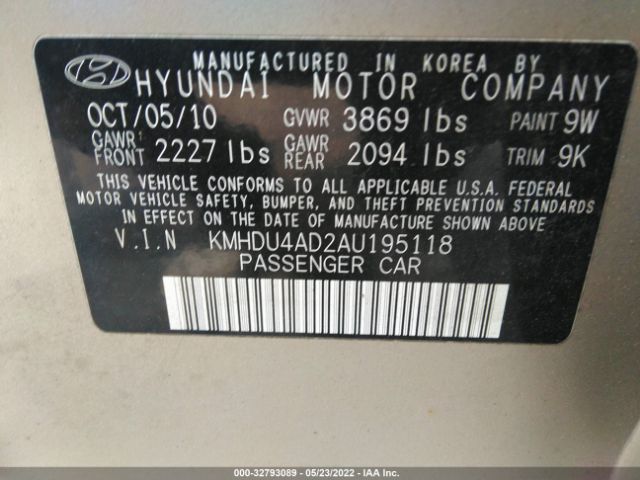 Photo 8 VIN: KMHDU4AD2AU195118 - HYUNDAI ELANTRA 