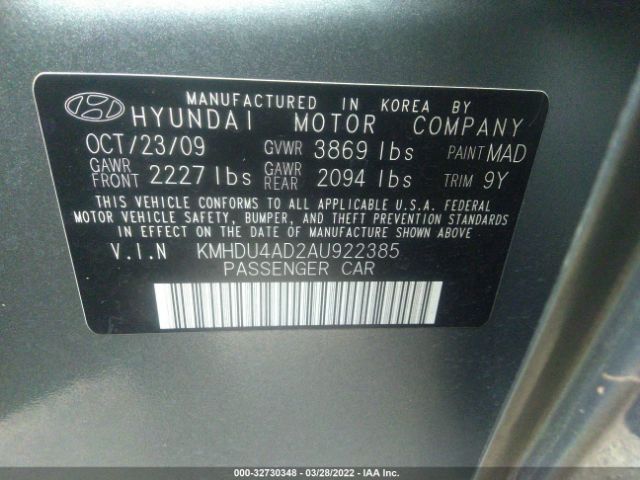 Photo 8 VIN: KMHDU4AD2AU922385 - HYUNDAI ELANTRA 