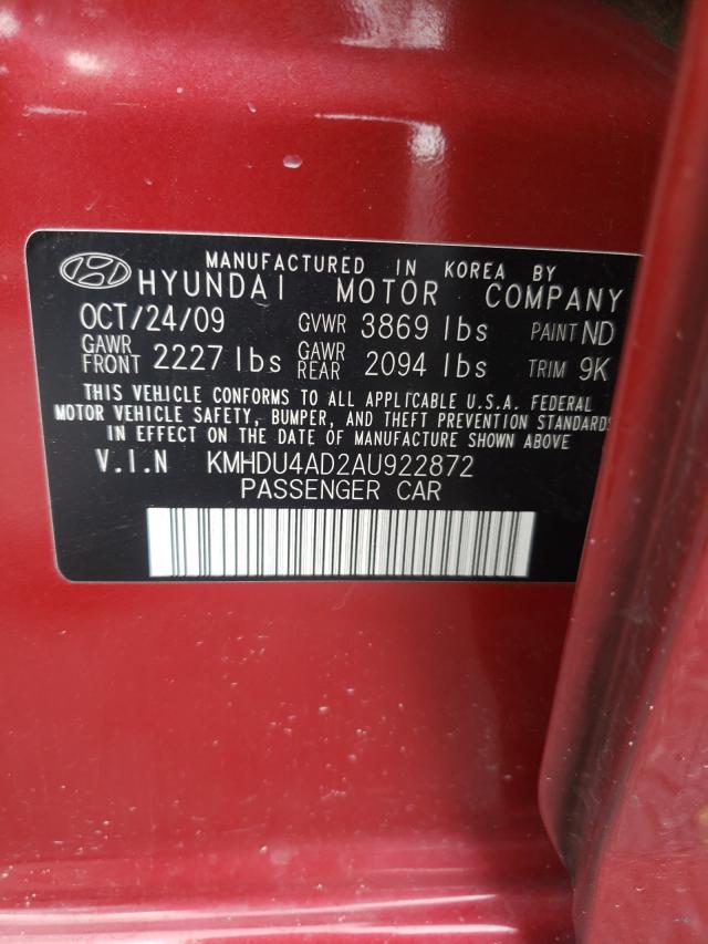 Photo 9 VIN: KMHDU4AD2AU922872 - HYUNDAI ELANTRA 