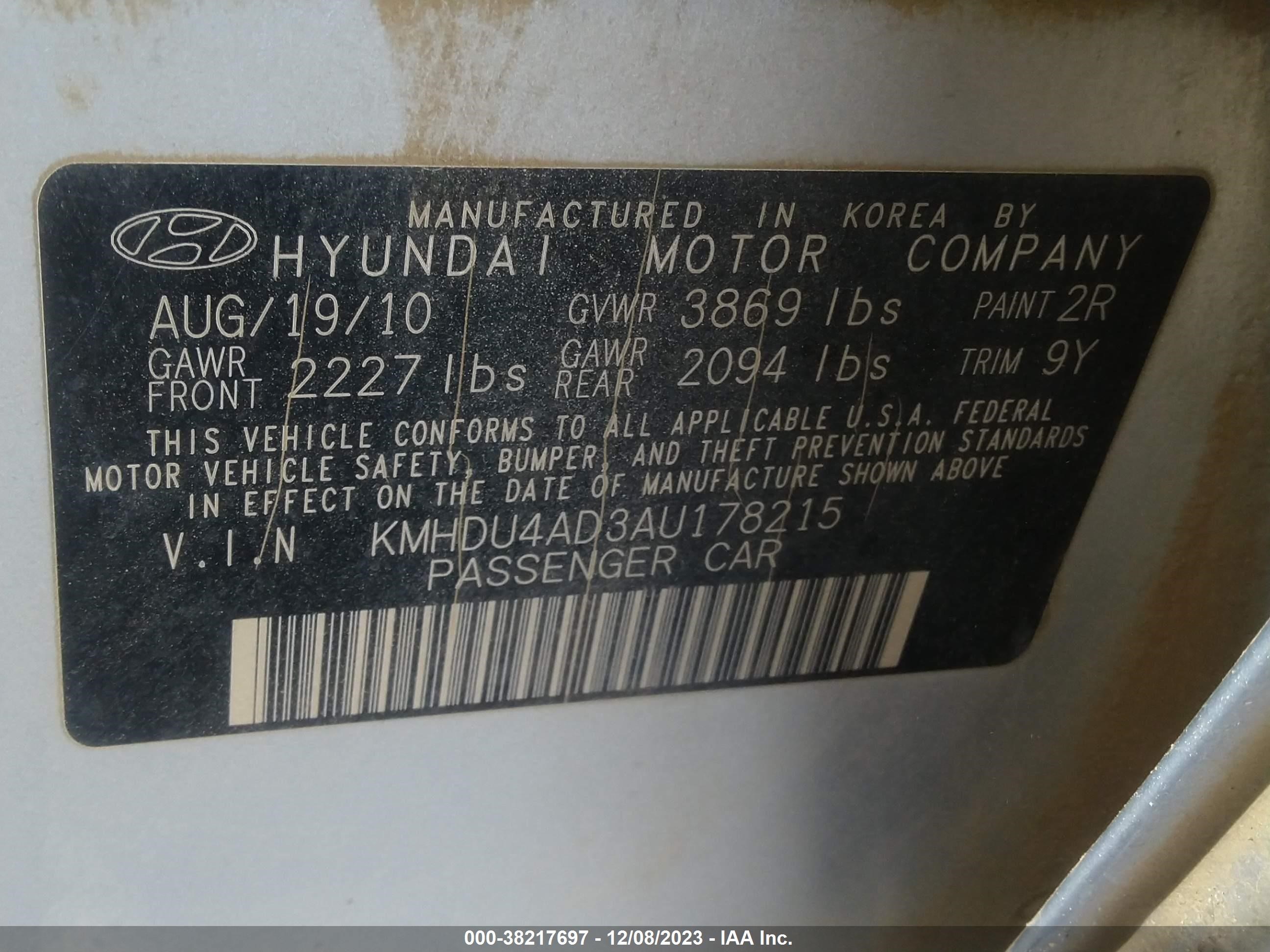 Photo 8 VIN: KMHDU4AD3AU178215 - HYUNDAI ELANTRA 