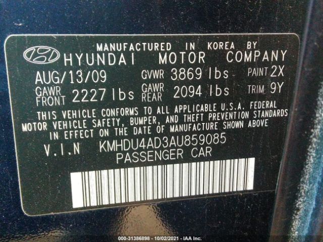 Photo 8 VIN: KMHDU4AD3AU859085 - HYUNDAI ELANTRA 