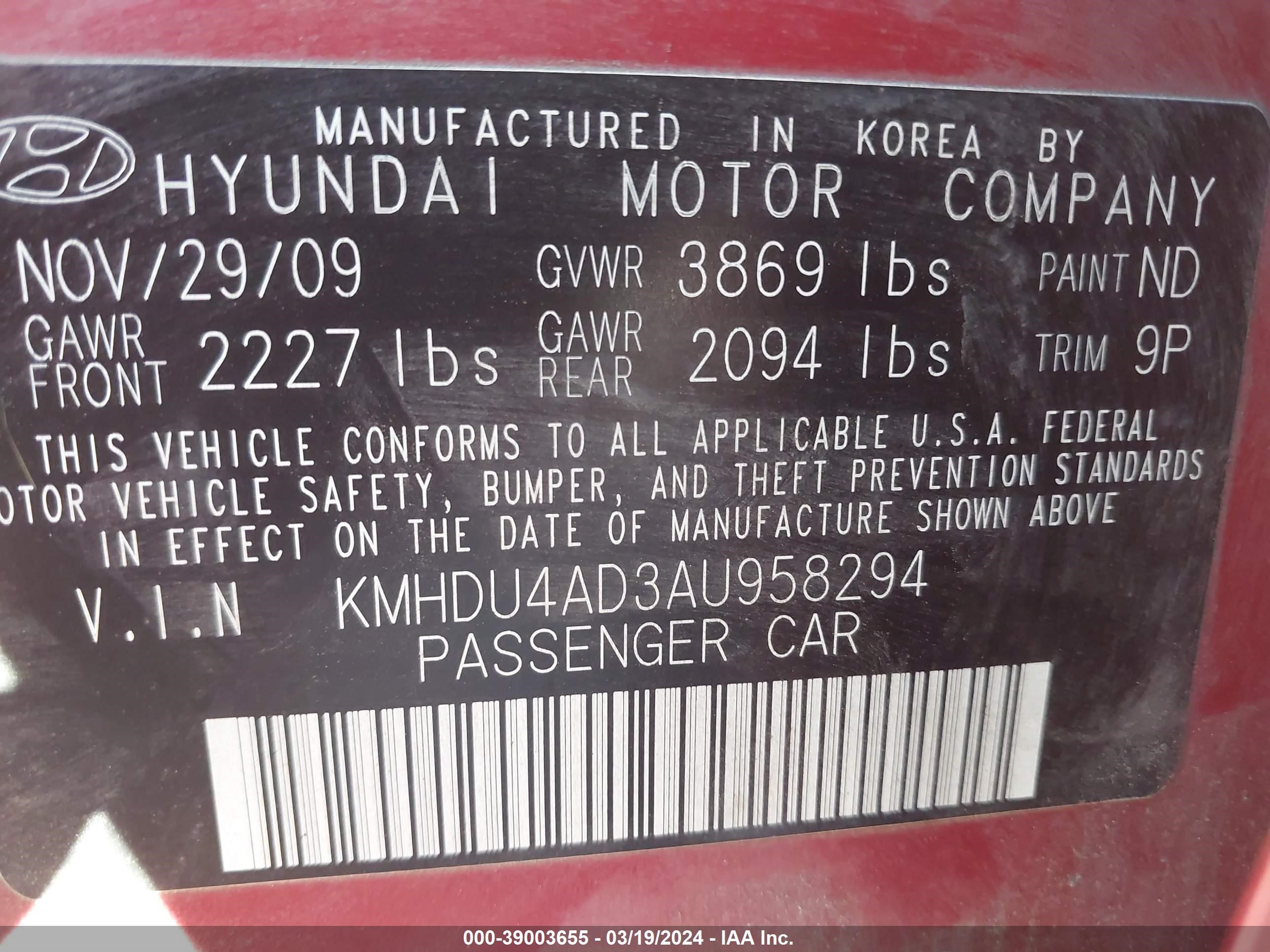 Photo 8 VIN: KMHDU4AD3AU958294 - HYUNDAI ELANTRA 