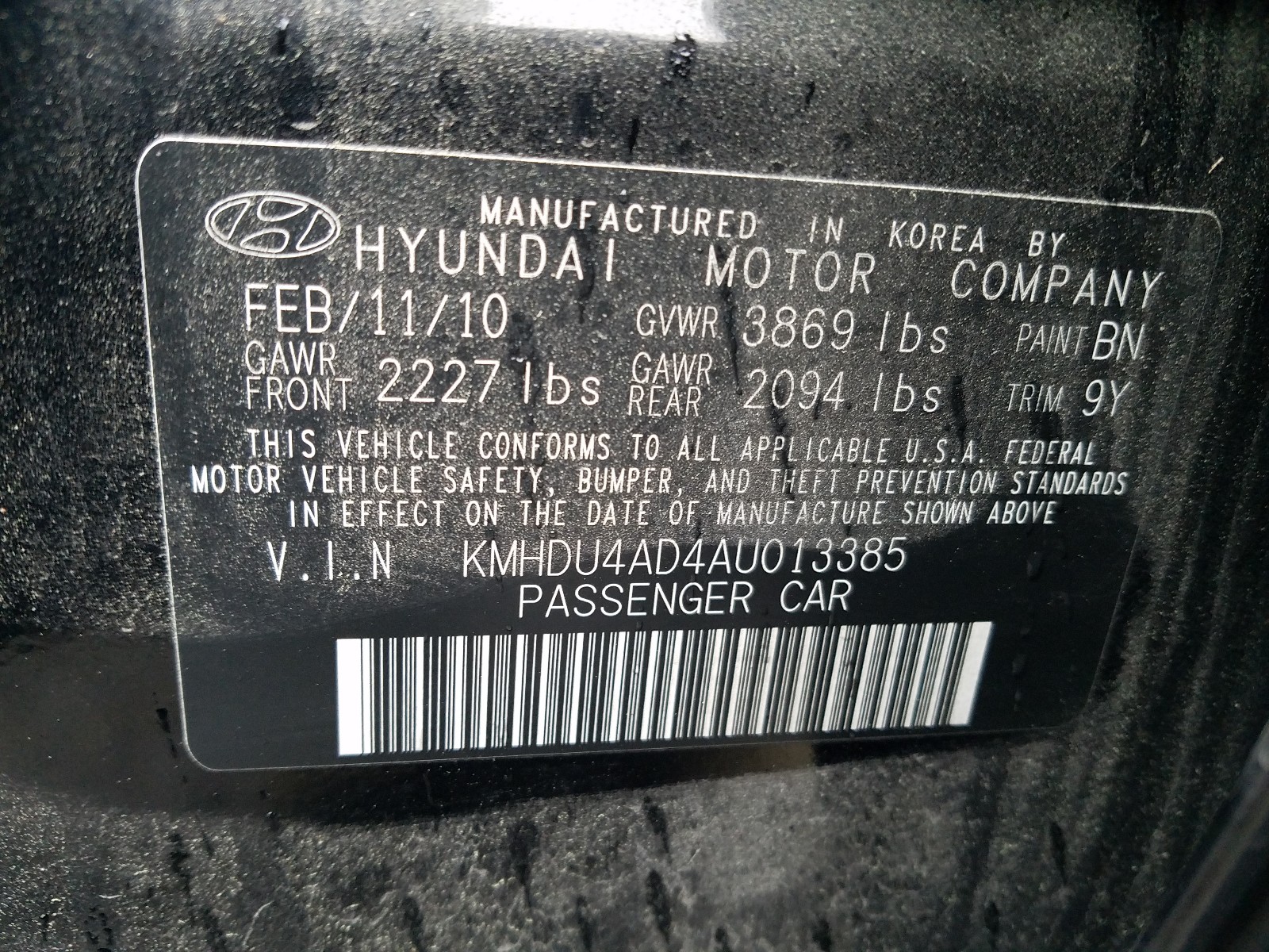 Photo 9 VIN: KMHDU4AD4AU013385 - HYUNDAI ELANTRA BL 