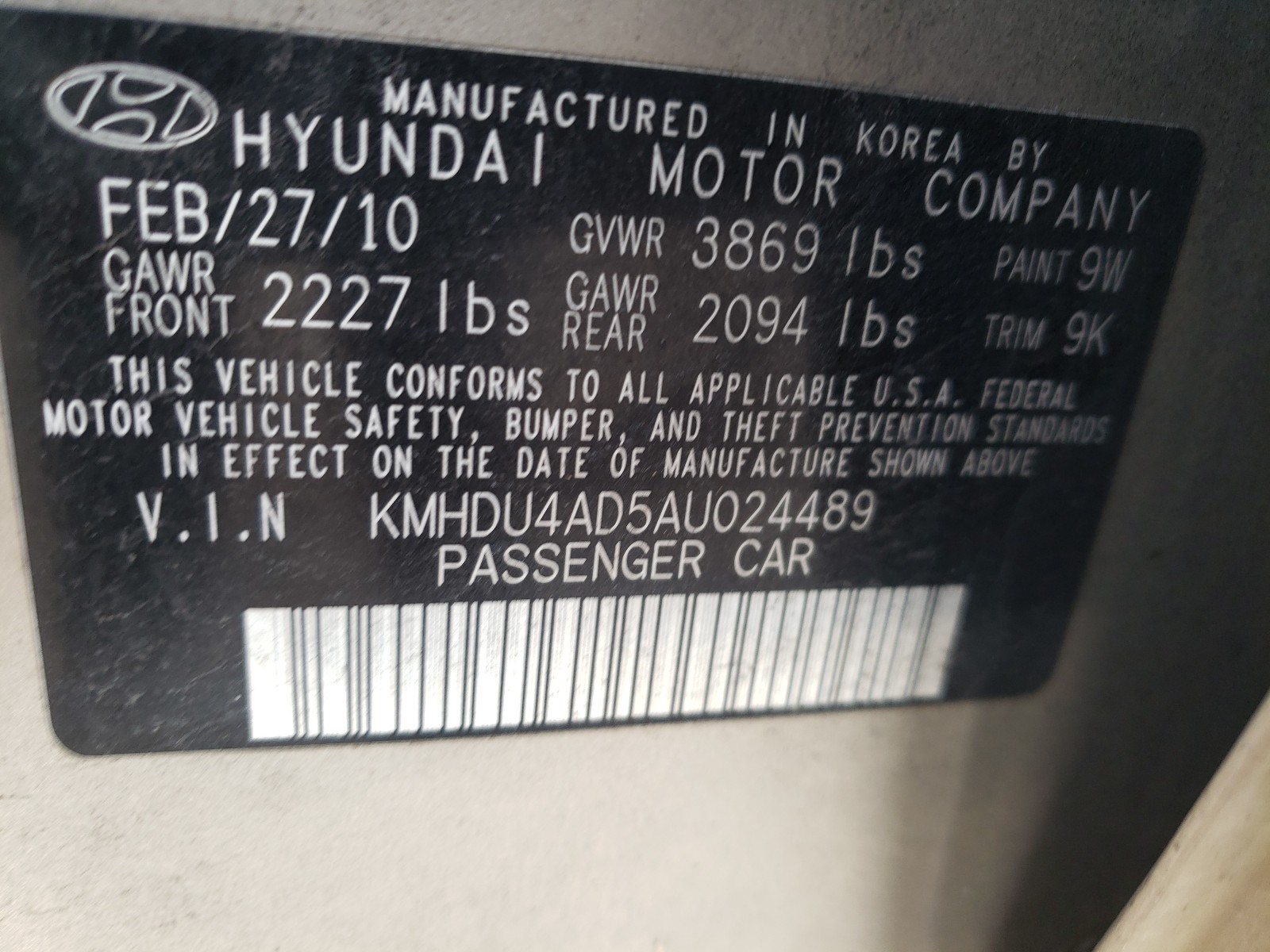 Photo 9 VIN: KMHDU4AD5AU024489 - HYUNDAI ELANTRA BL 