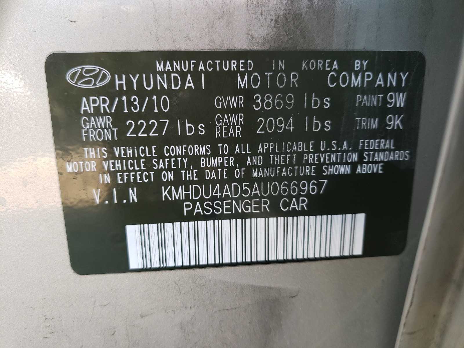 Photo 9 VIN: KMHDU4AD5AU066967 - HYUNDAI ELANTRA BL 