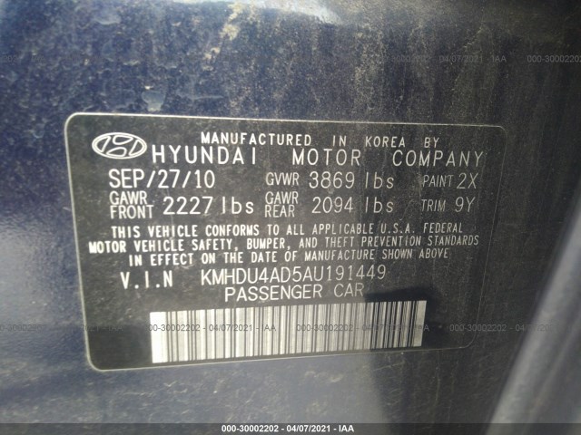 Photo 8 VIN: KMHDU4AD5AU191449 - HYUNDAI ELANTRA 