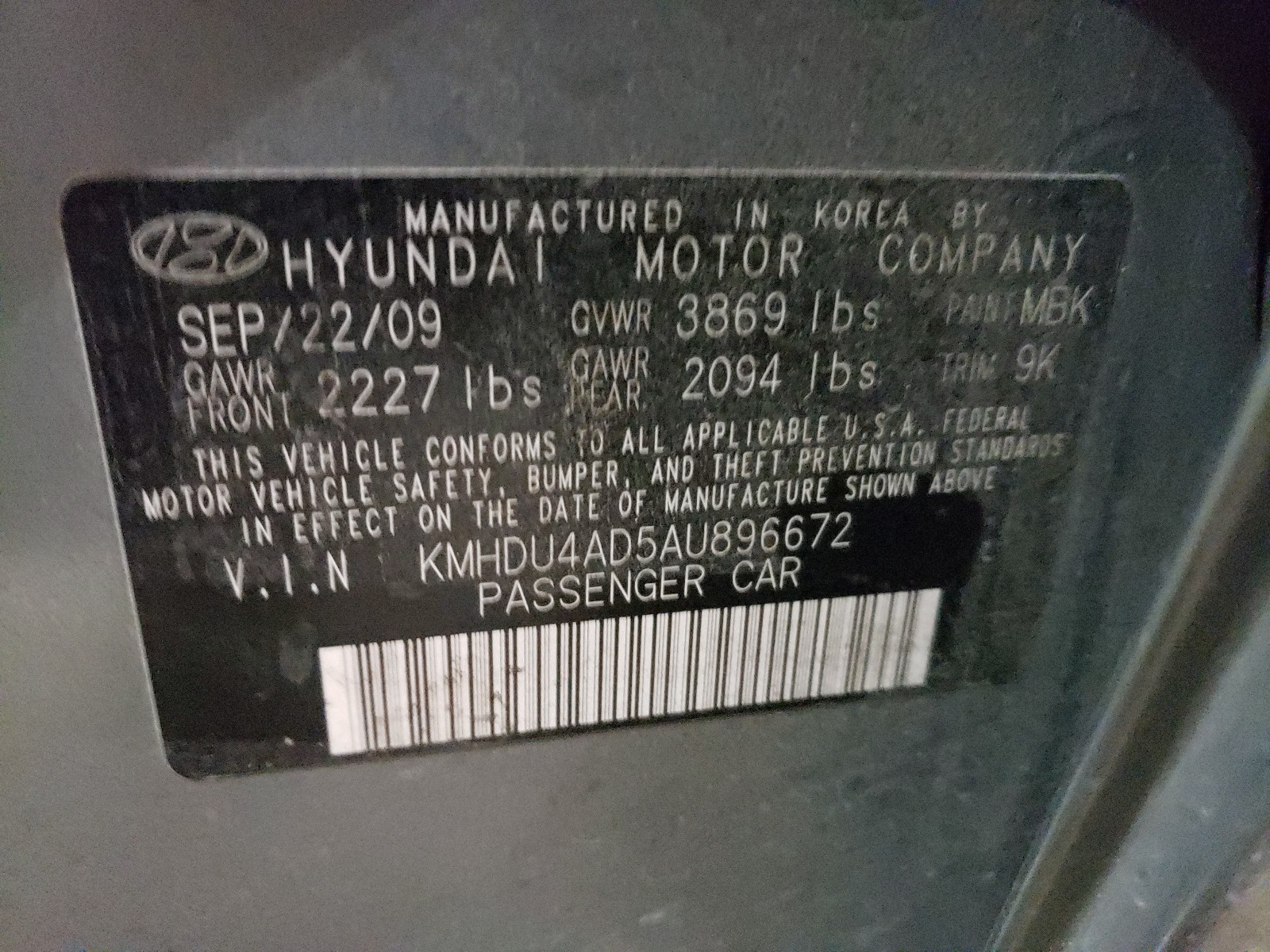 Photo 9 VIN: KMHDU4AD5AU896672 - HYUNDAI ELANTRA BL 