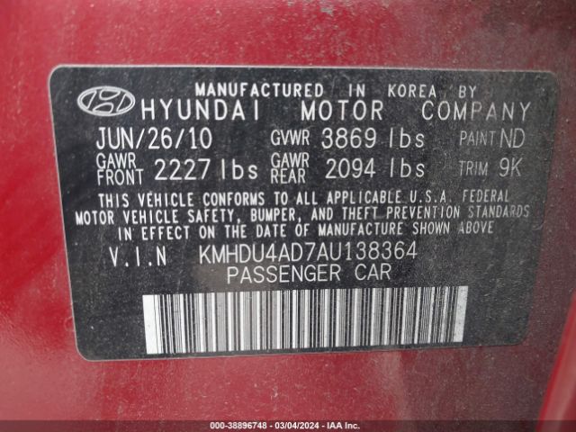 Photo 8 VIN: KMHDU4AD7AU138364 - HYUNDAI ELANTRA 