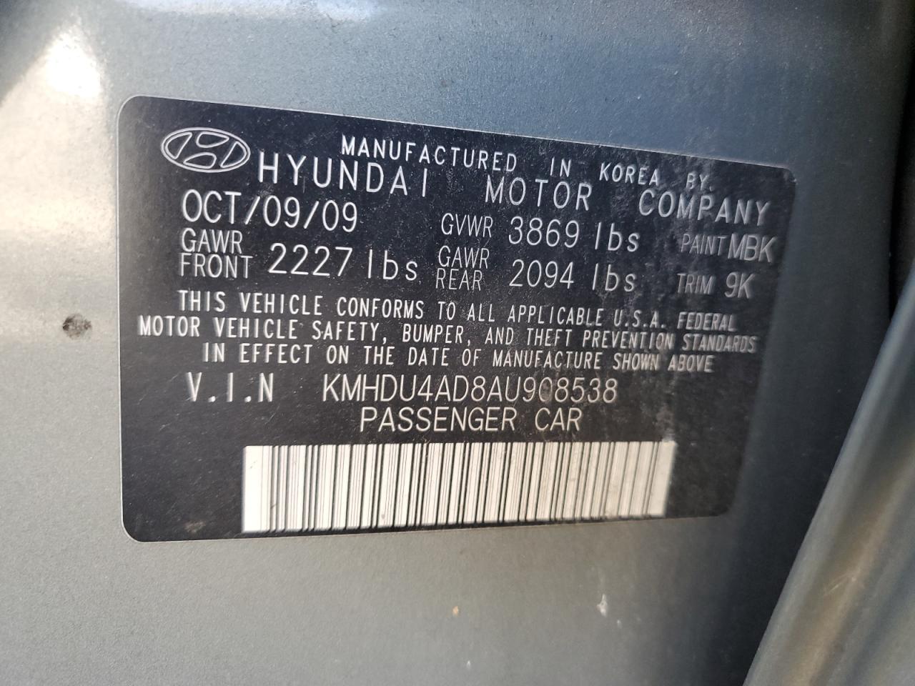 Photo 11 VIN: KMHDU4AD8AU908538 - HYUNDAI ELANTRA 